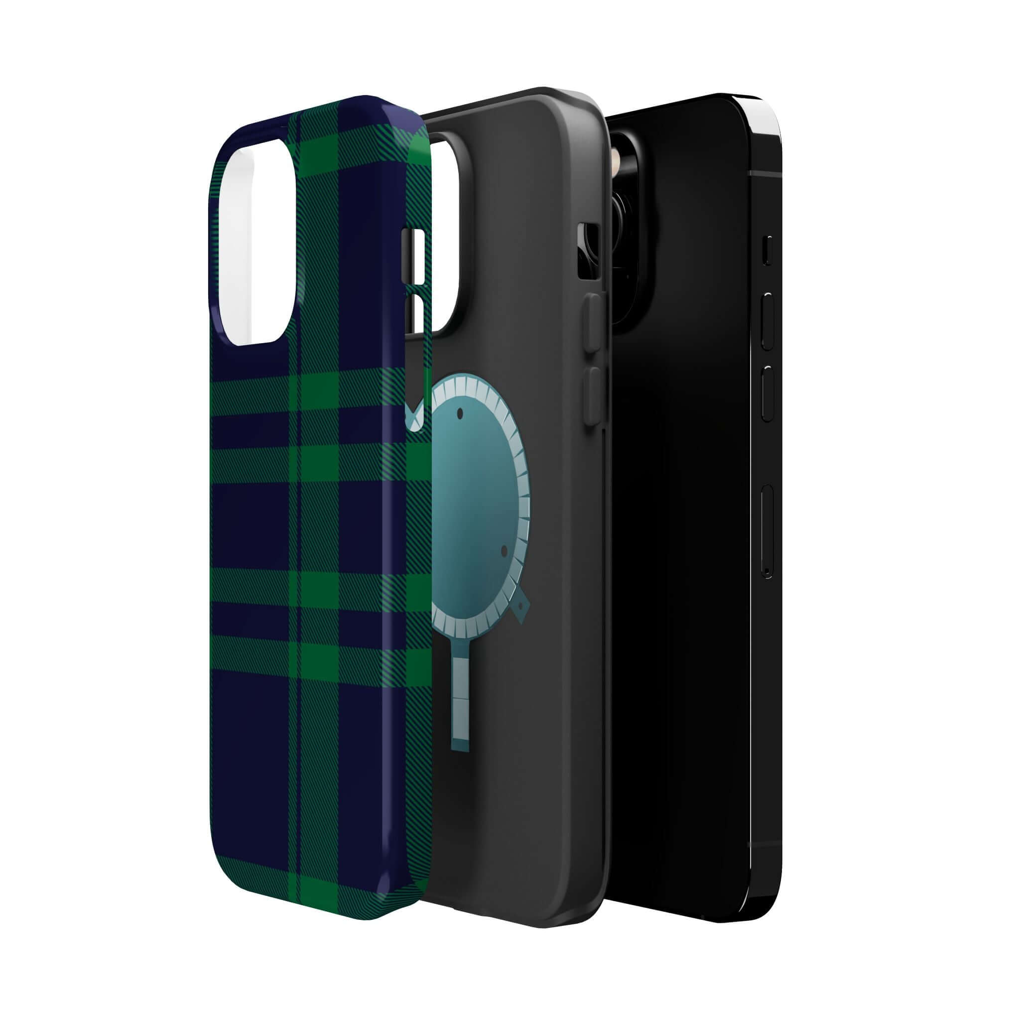 Cute Mistletoe Plaid MagSafe case for iPhone, showcasing festive green plaid design and sleek black options.