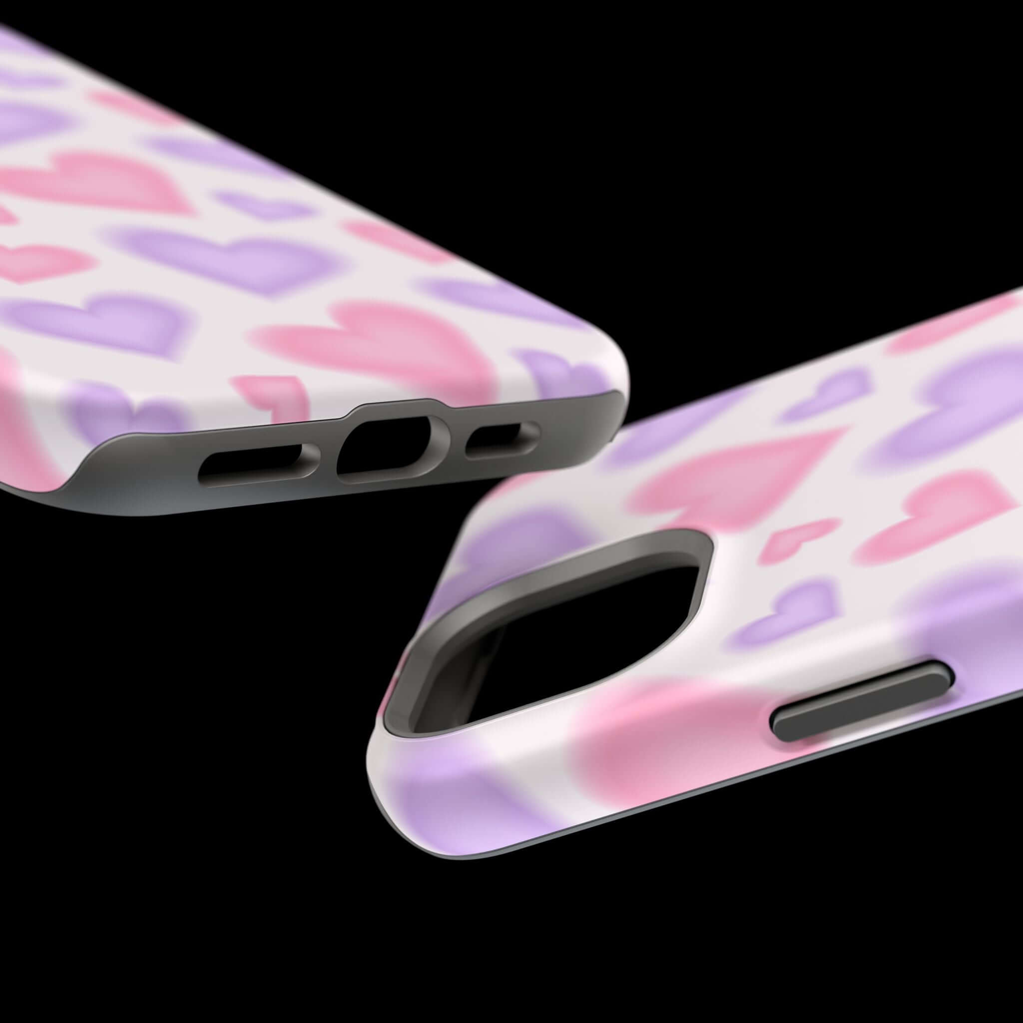 Cute Blurred Love iPhone case with playful pink and purple heart design, showcasing MagSafe feature and stylish protection.