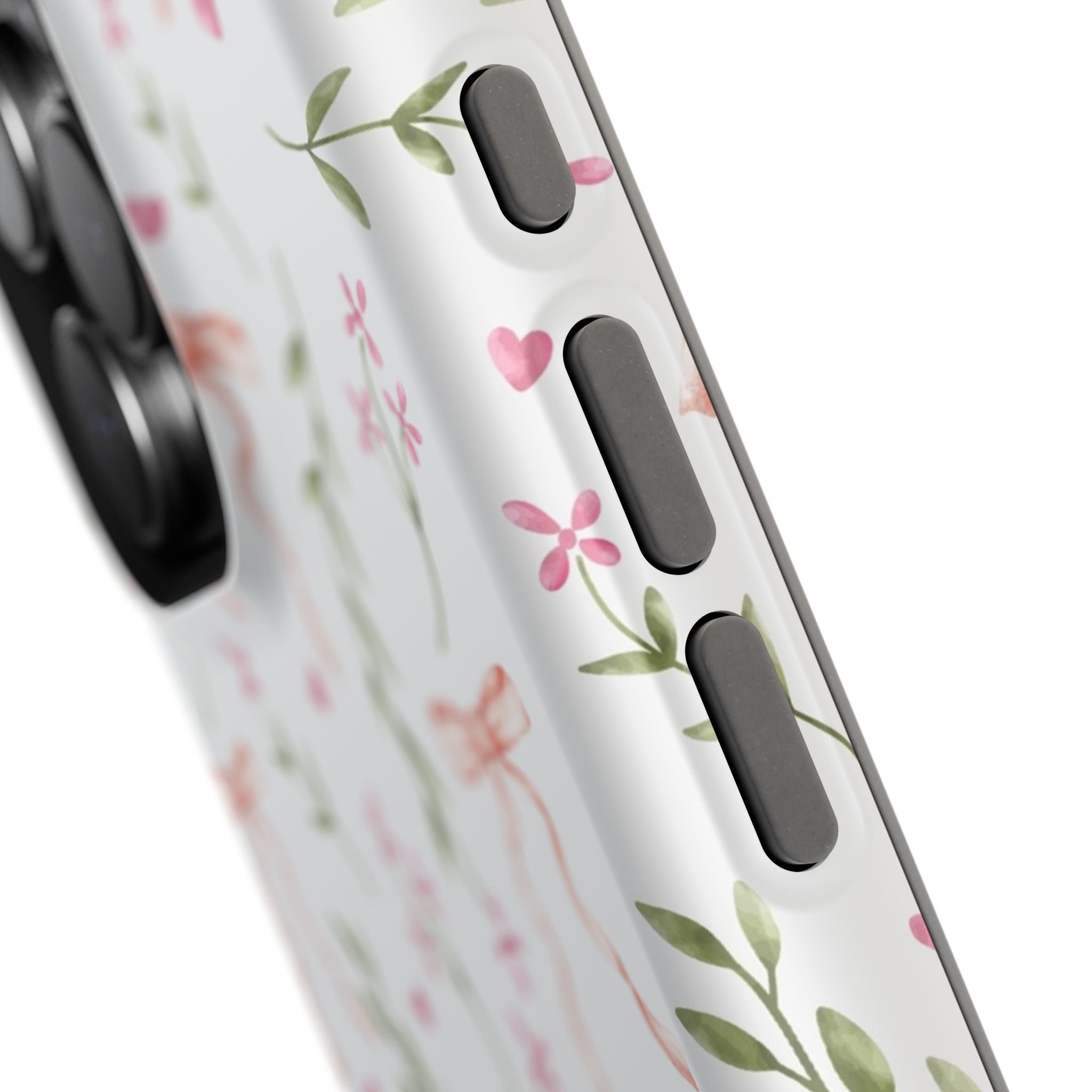 Close-up of Darling Daydream Pink Coquette MagSafe iPhone Case with floral design, cute phone cover for fashionable whimsy.