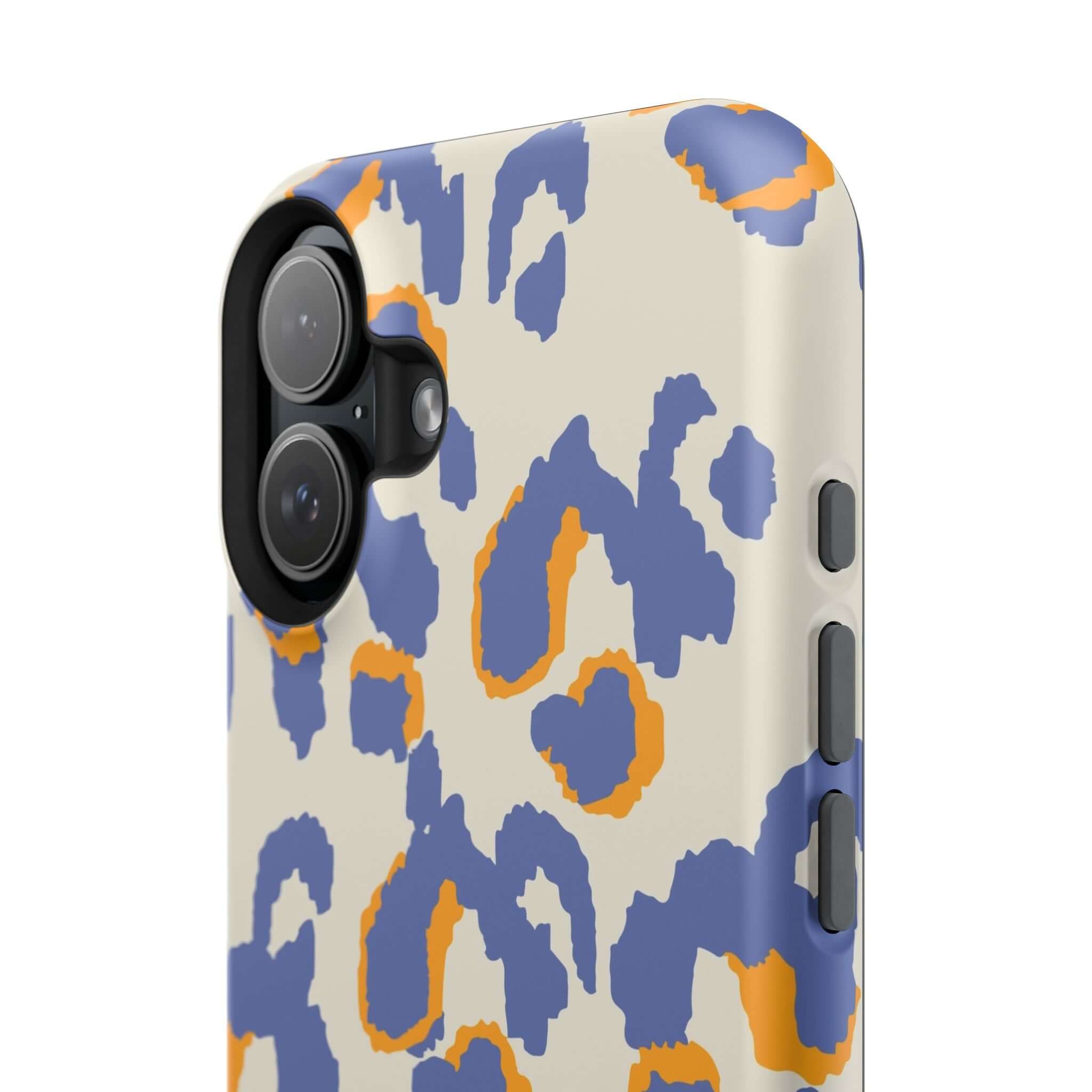 Blue Leopard Print iPhone Case with MagSafe, Colorful and Cute Abstract Design, Safari Blaze Style.