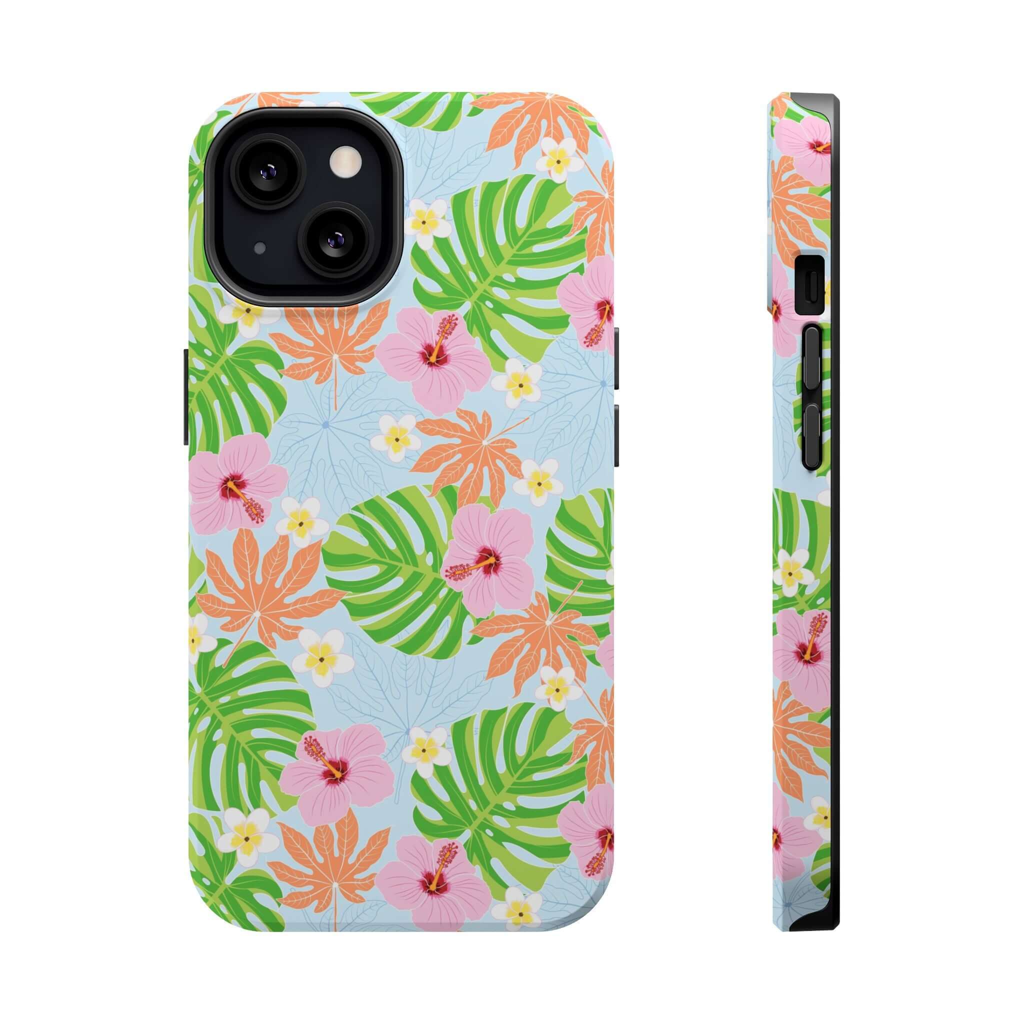 Island Hibiscus MagSafe iPhone 14 Pro case with tropical floral design, cute phone cover featuring green leaves and colorful flowers.