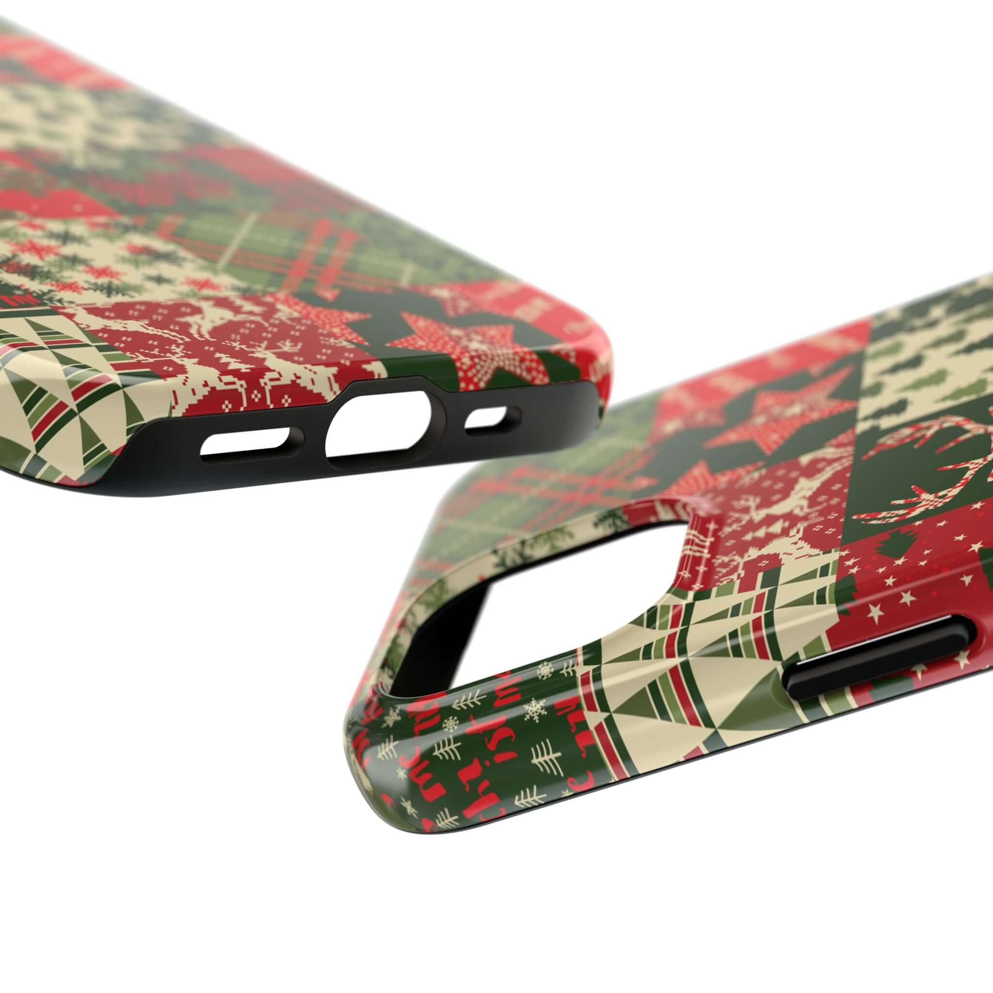 Festive green and red phone case design featuring Christmas patterns like trees and sweaters, perfect cute iPhone case for the holidays.