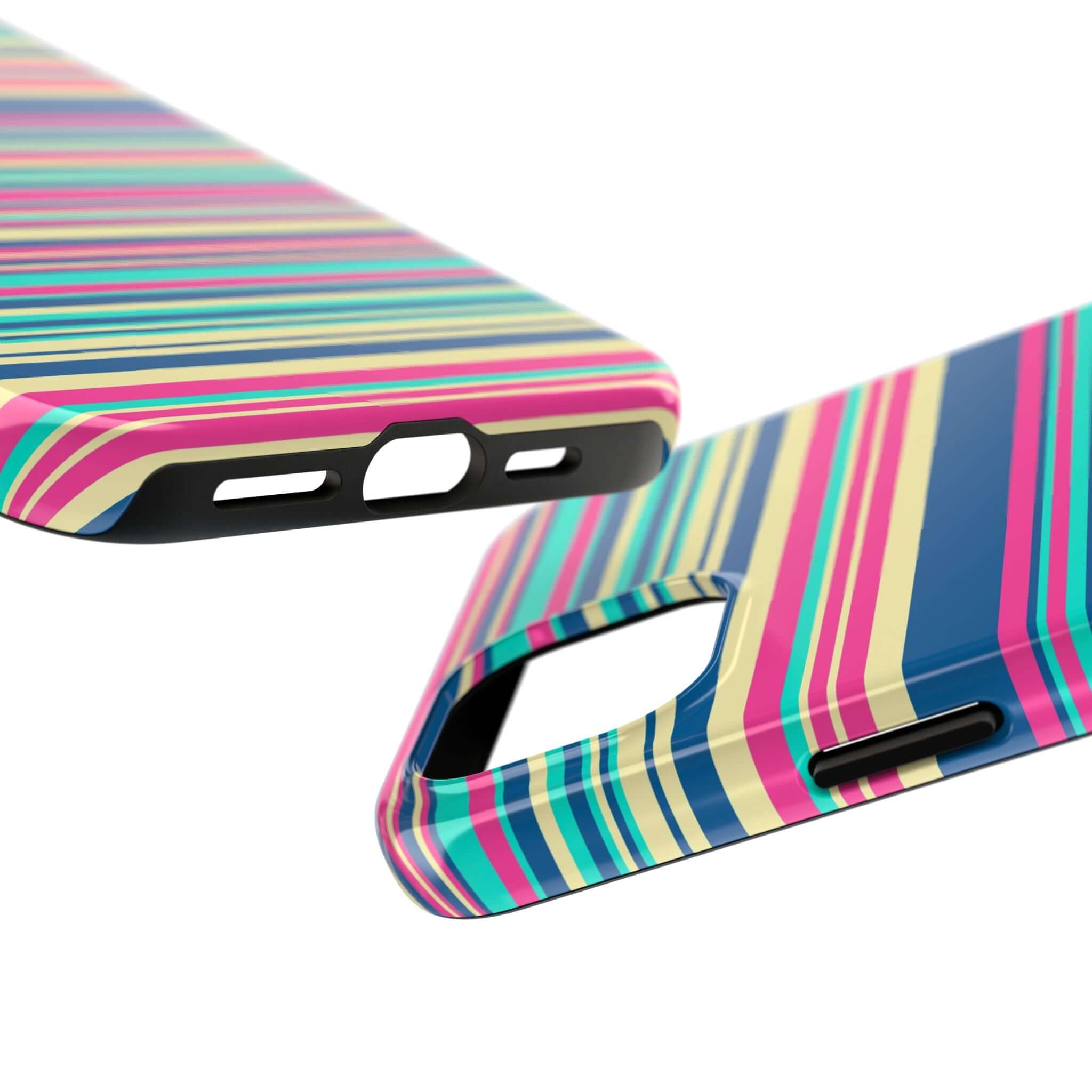 Colorful striped iPhone case for iPhone 14 and 15, cute and playful phone cover offering protection and style, free shipping available.