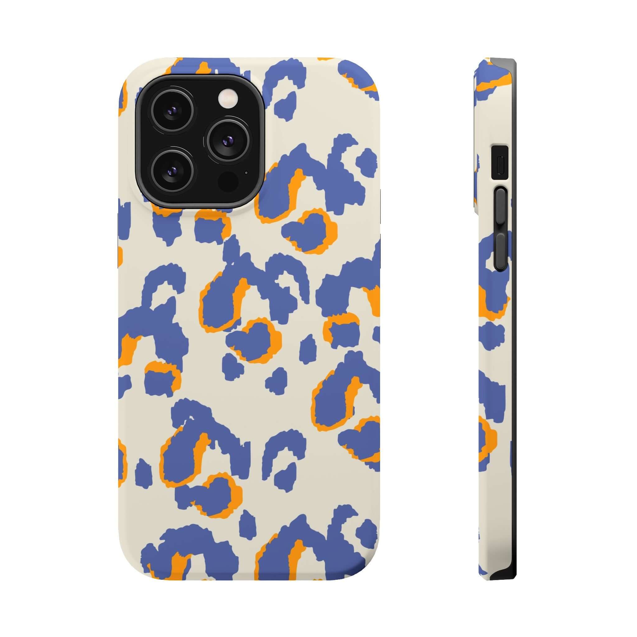 Blue leopard print MagSafe iPhone case with abstract colorful design, featuring vibrant orange accents for a cute and protective style.