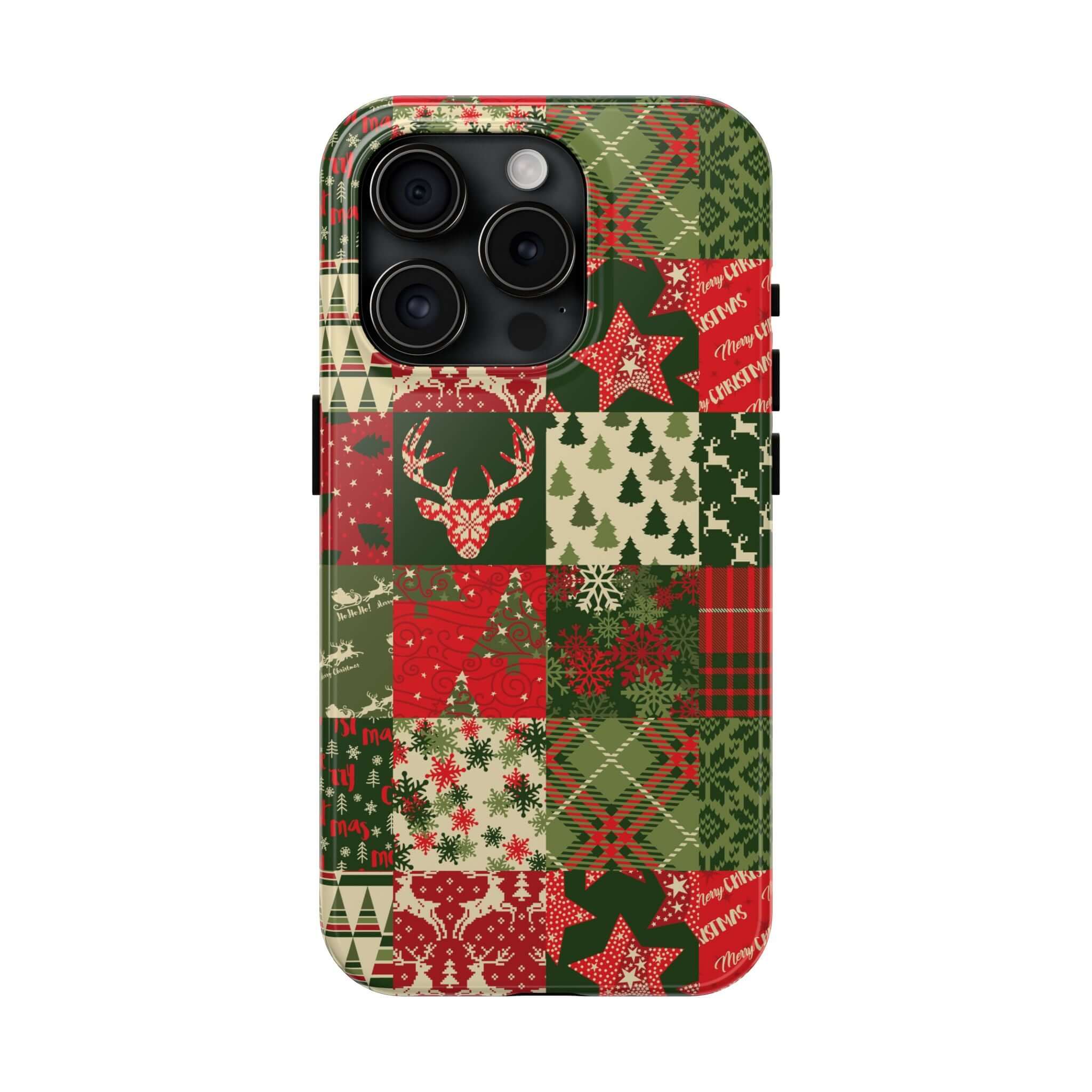 Green Christmas quilt pattern phone case with trees, reindeer, and snowflakes. Cute iPhone case design for holiday spirit.