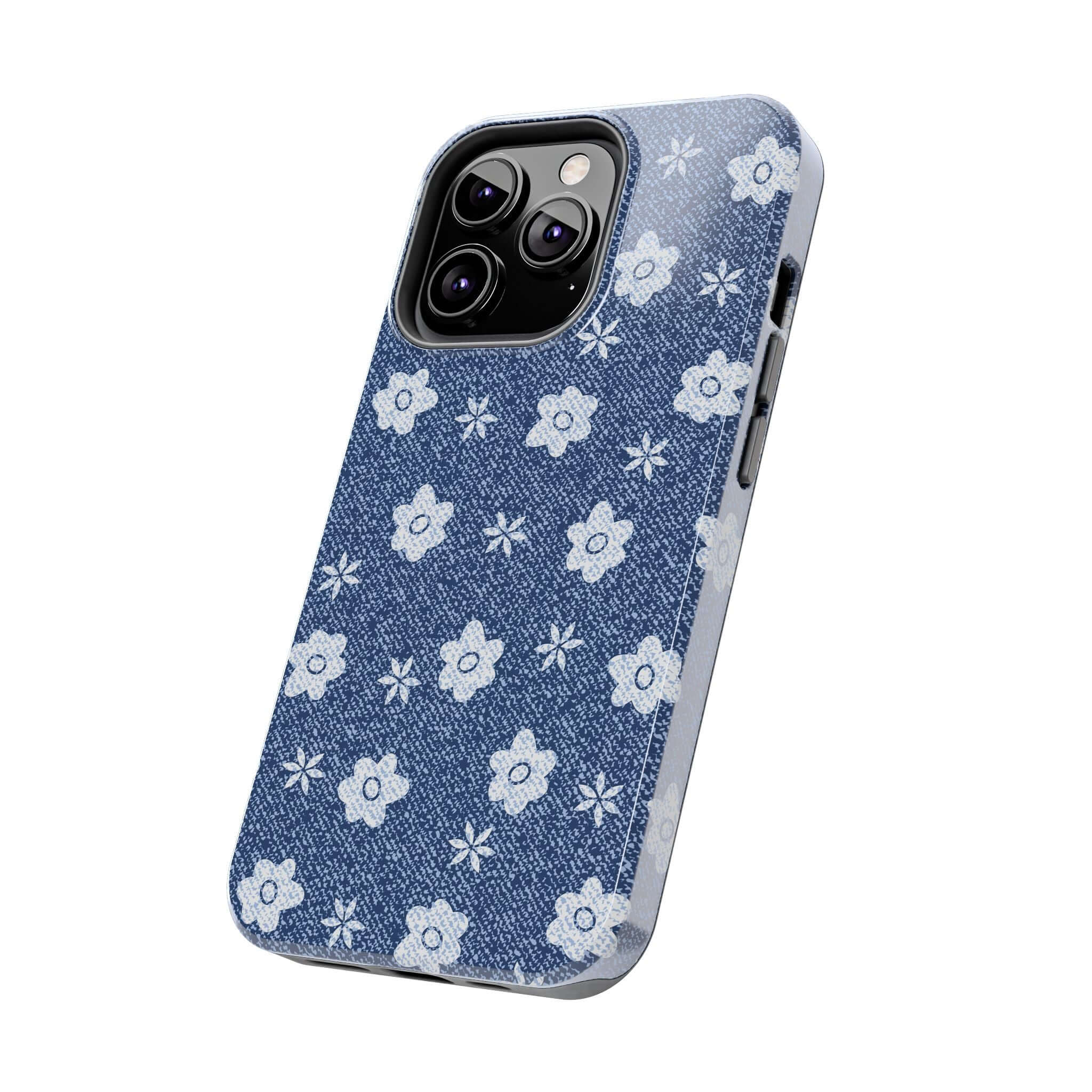 Daisies denim phone case for iPhone 14 Pro Max with cute floral design.