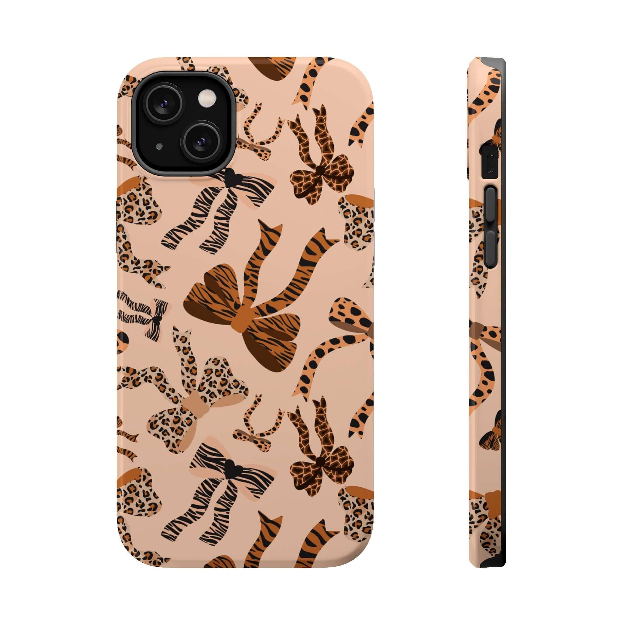 Colorful iPhone case with leopard pattern and coquette bows, showcasing a cute and abstract design for a stylish phone accessory.