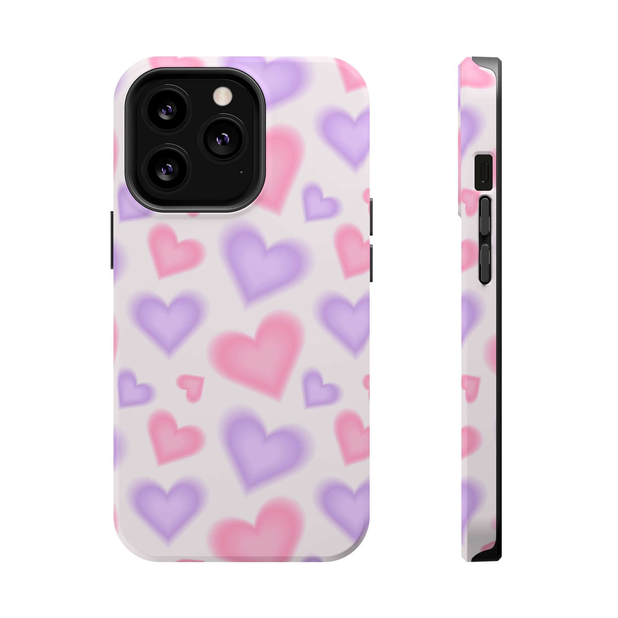 Cute phone cover featuring pink and purple hearts on a soft background, perfect for Apple iPhone protection and style.