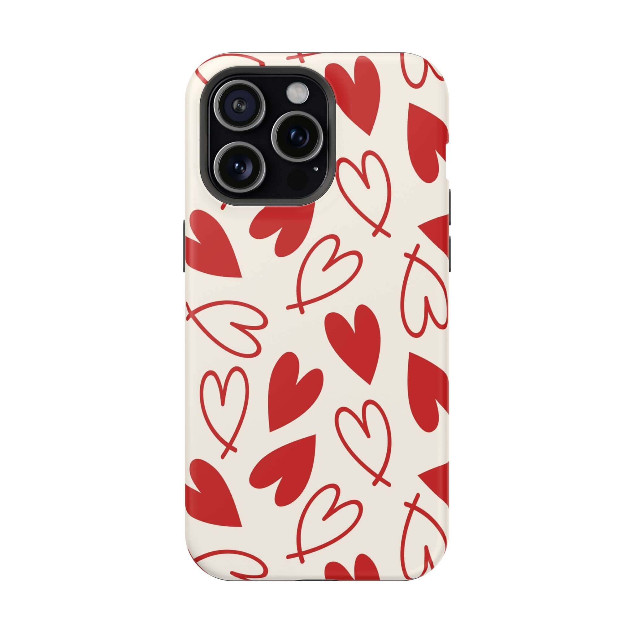 Cute phone cover with red hearts design on an iPhone case, perfect for showing off your love while protecting your device.