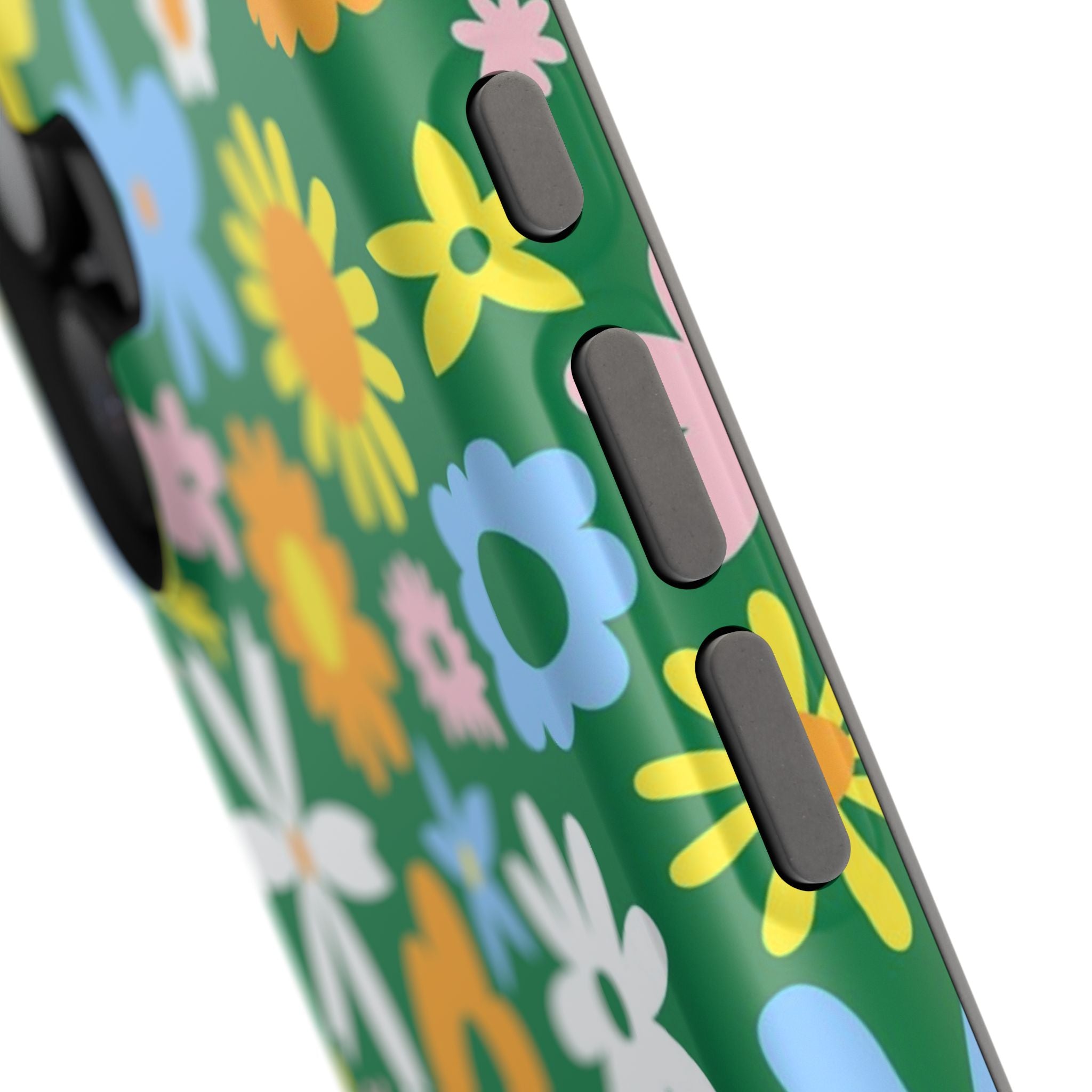 Vibrant floral MagSafe iPhone case with a hippie design on a green background, showcasing colorful flowers for a unique phone cover.