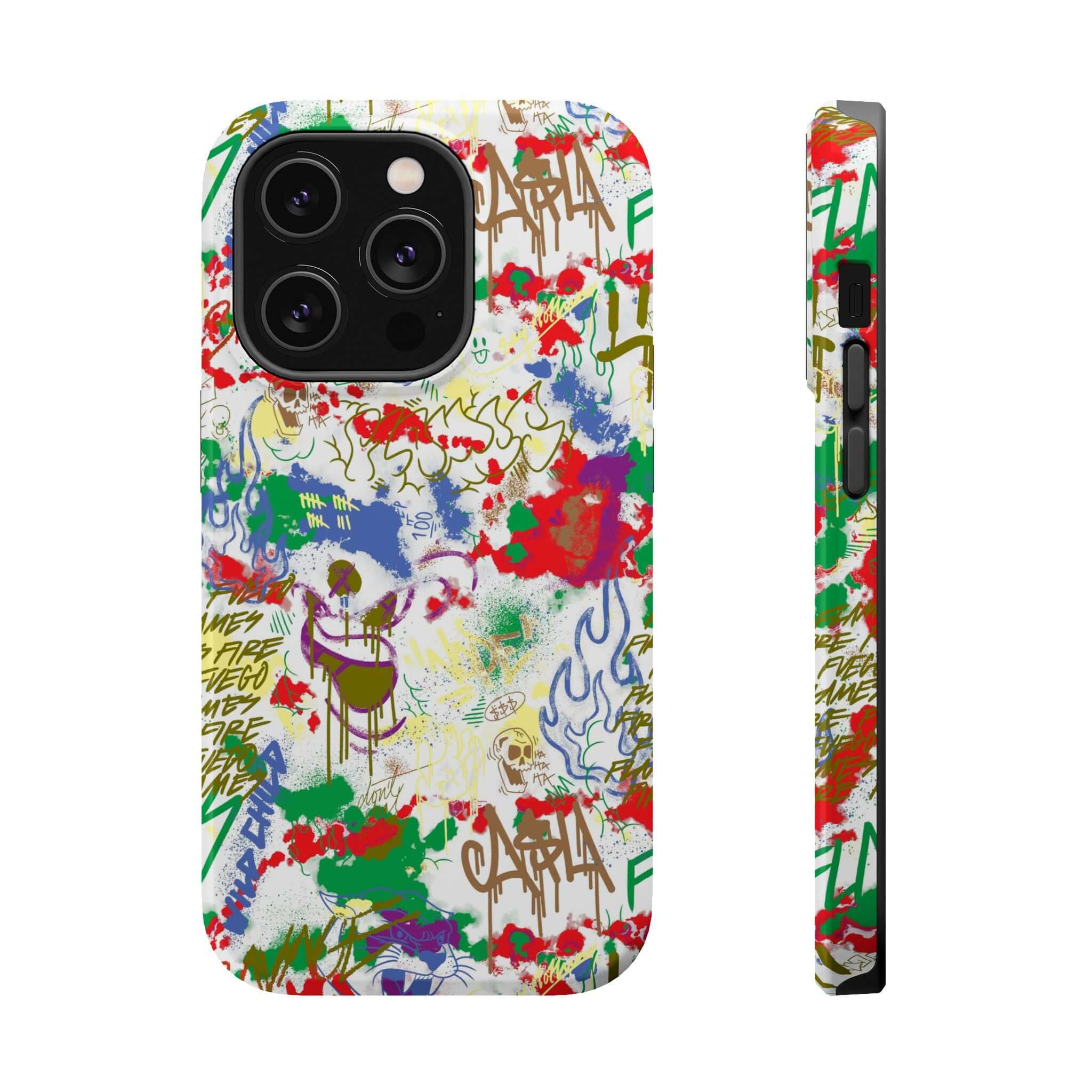 Cute Phone Cover featuring colorful graffiti design for iPhone, showcasing art-inspired style and MagSafe technology.