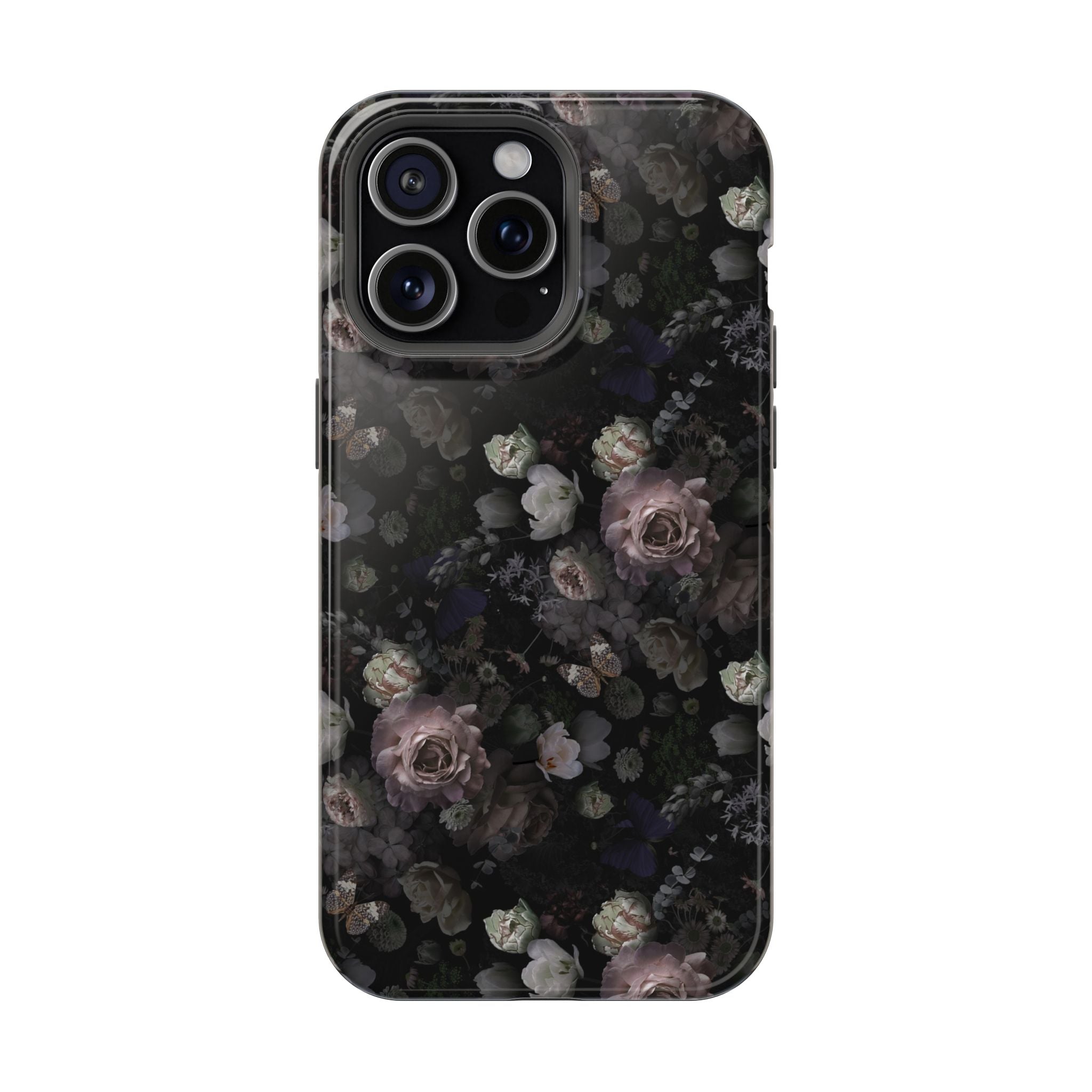 Midnight Curse black floral MagSafe iPhone case with cute roses design, perfect stylish phone cover for trendsetters.