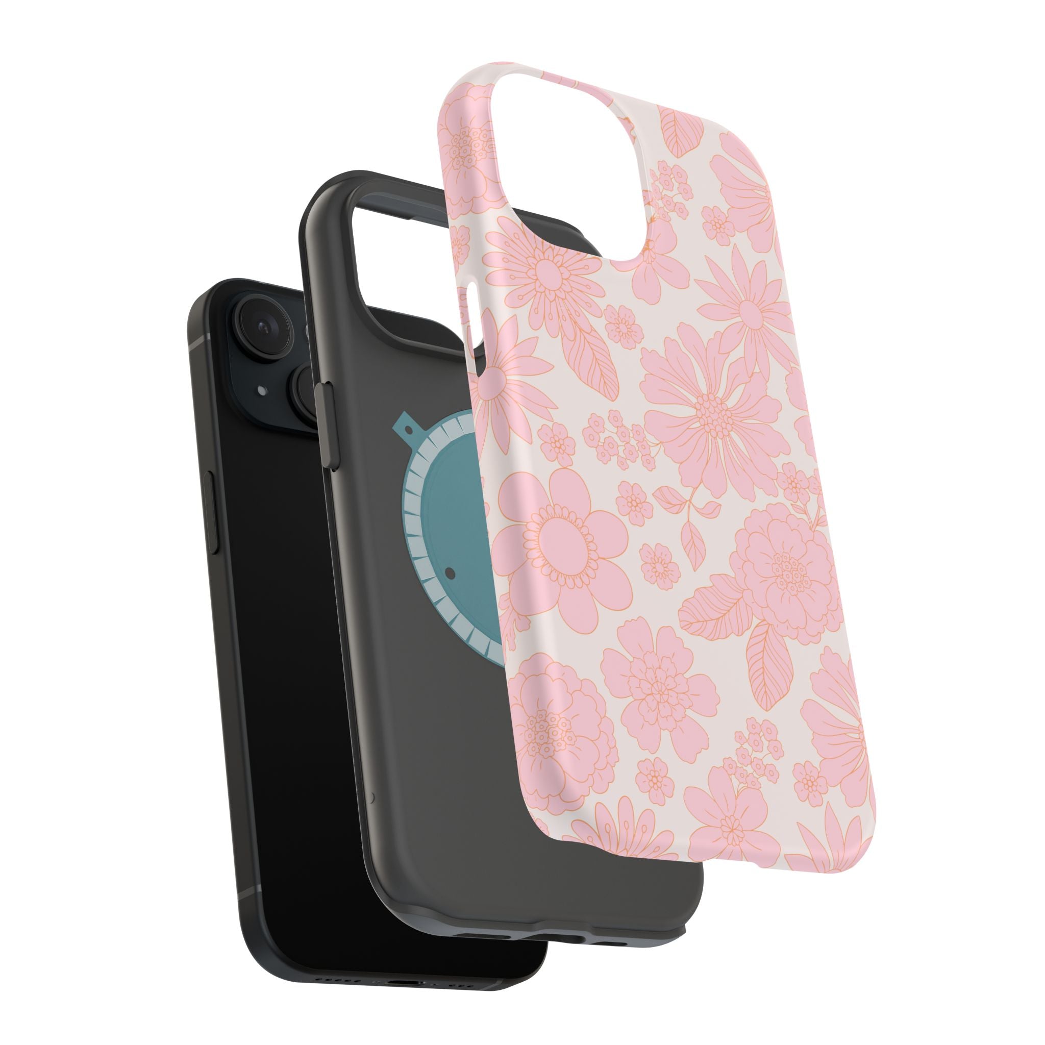 Pink floral MagSafe iPhone 16 case with whimsical cottagecore design, perfect for cute phone cover enthusiasts.