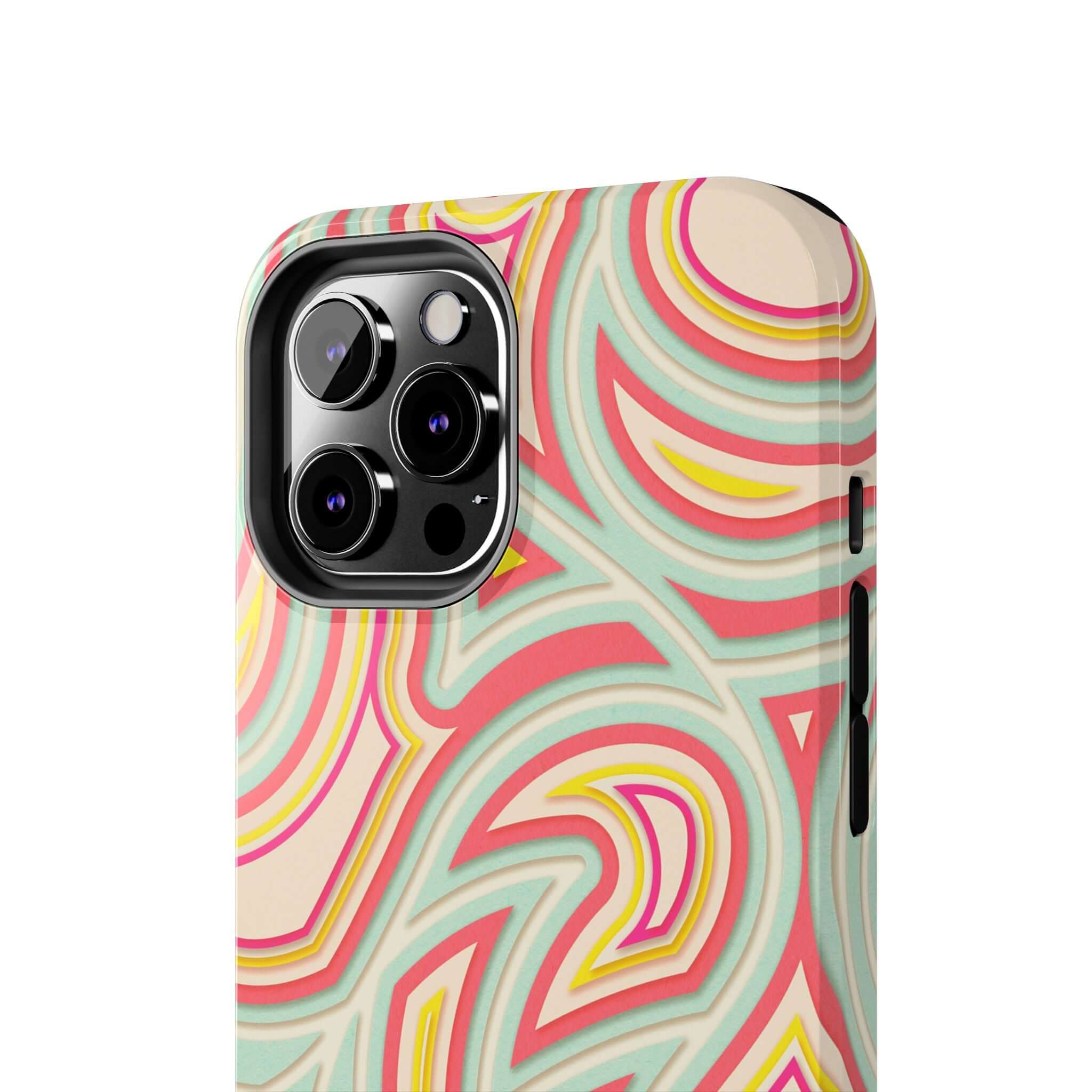 Groovy Waves retro abstract phone case with colorful funky design on iPhone camera close-up. Cute Samsung phone cover with flowers.