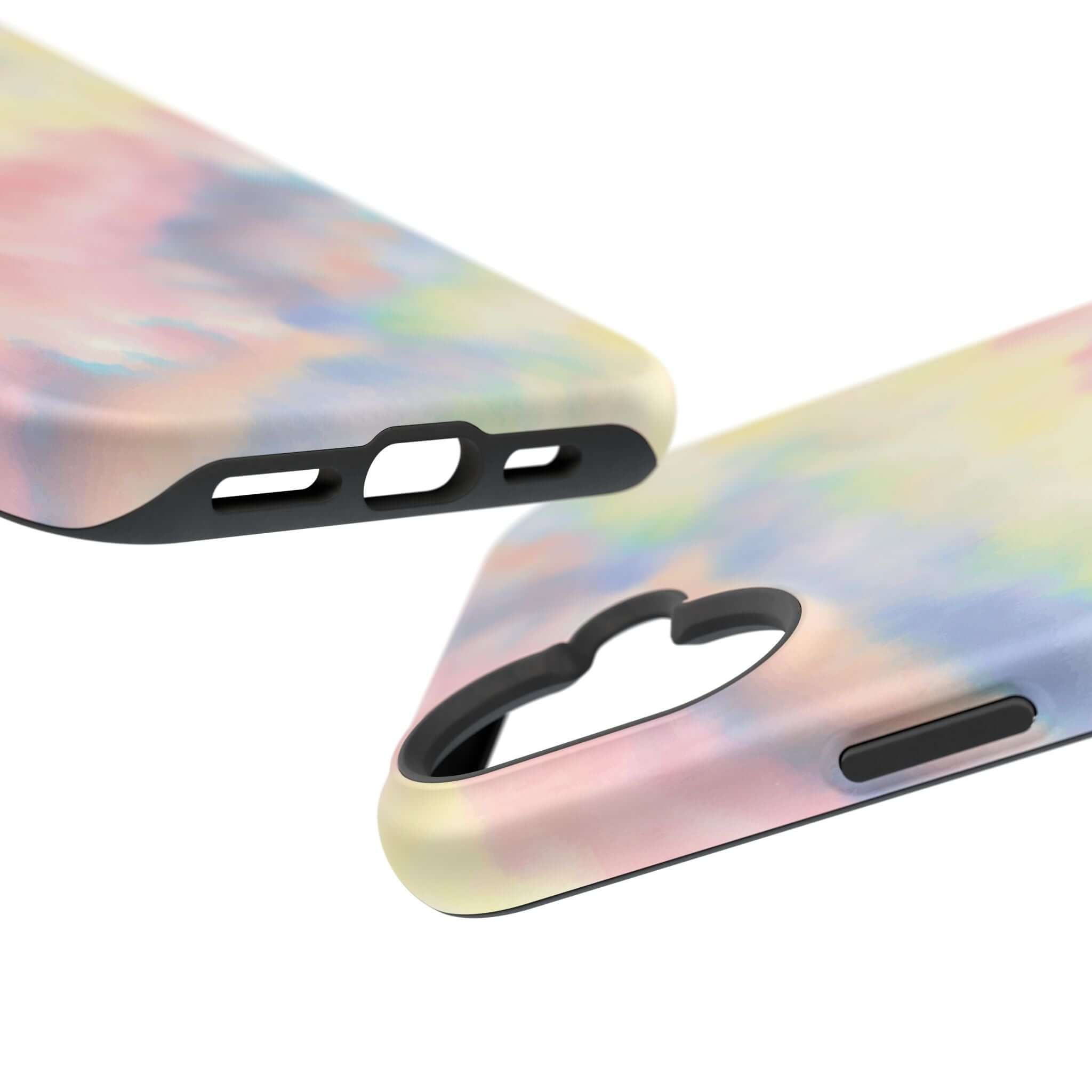 Cute iPhone case with pastel tie dye design, Unicorn Dreams, showcasing MagSafe compatibility and stylish phone case design.