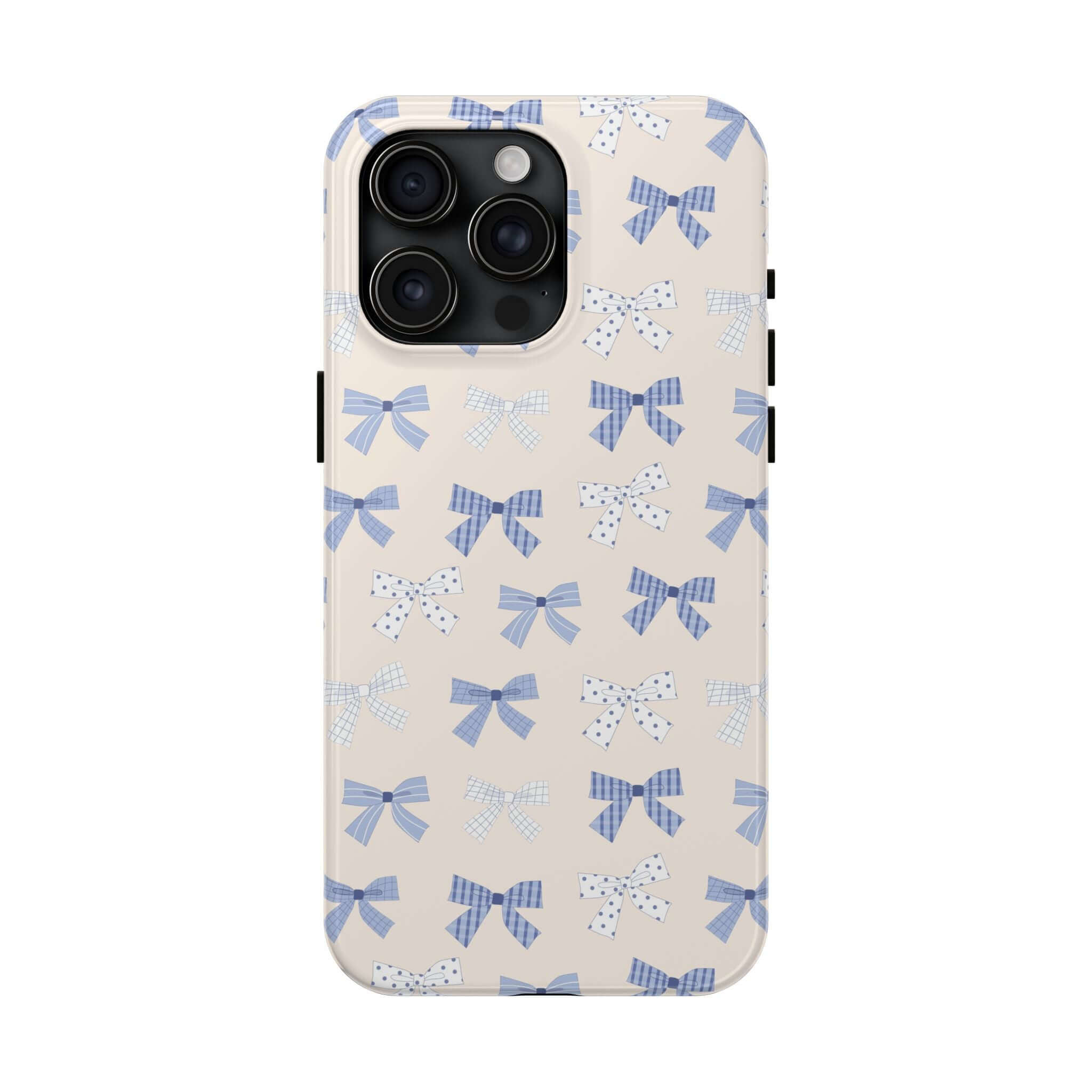 Cute iPhone 16 case with blue bows and girlie design, perfect for brides-to-be, offering playful protection for your phone.