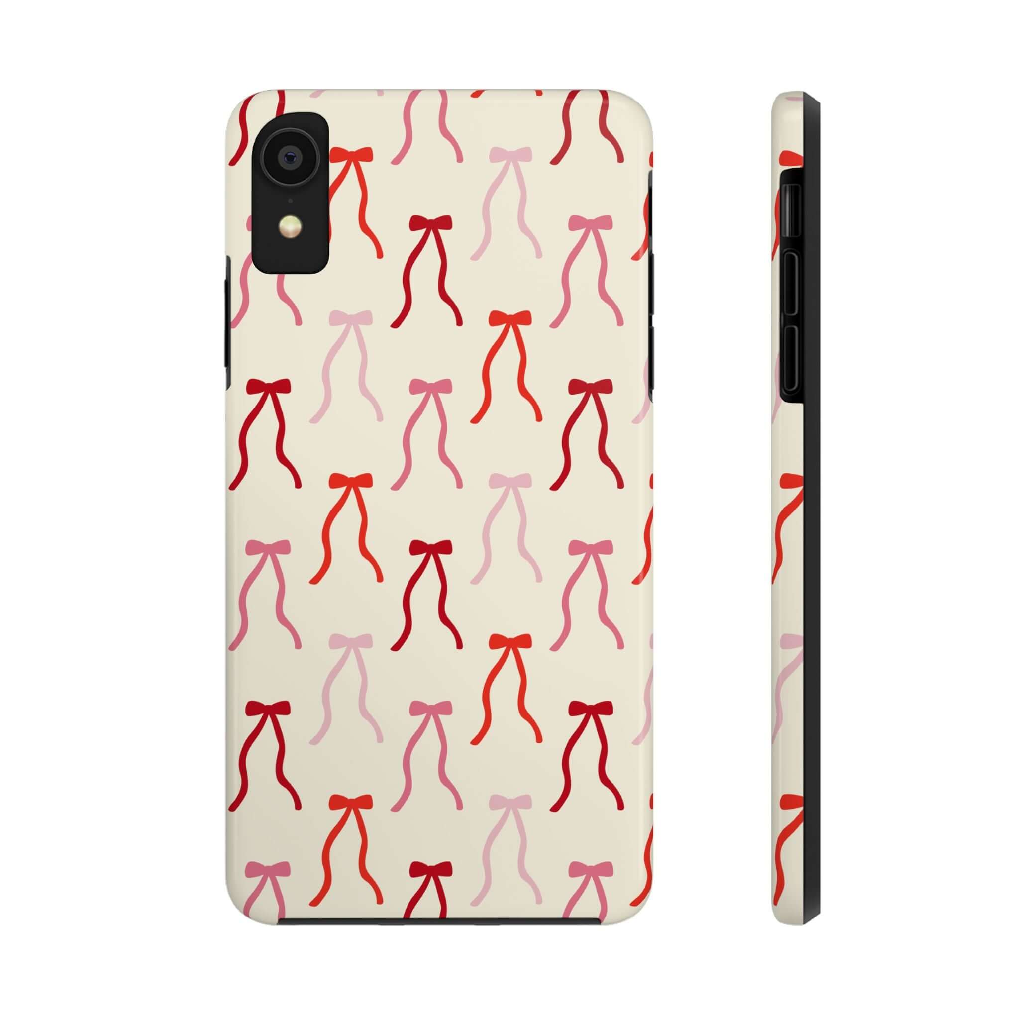 Beige phone case with red and pink coquette bow design, perfect for iPhone 16. Cute phone case adds style and protection.