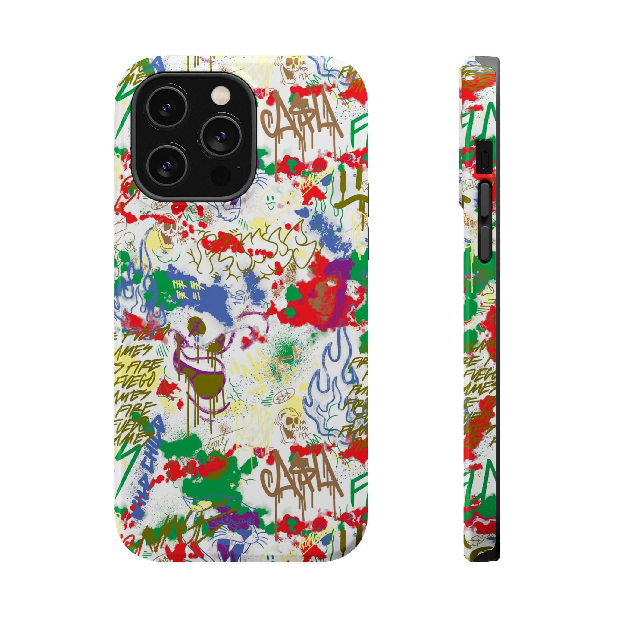 Colorful graffiti phone case for iPhone, featuring vibrant designs and MagSafe technology for style and protection.