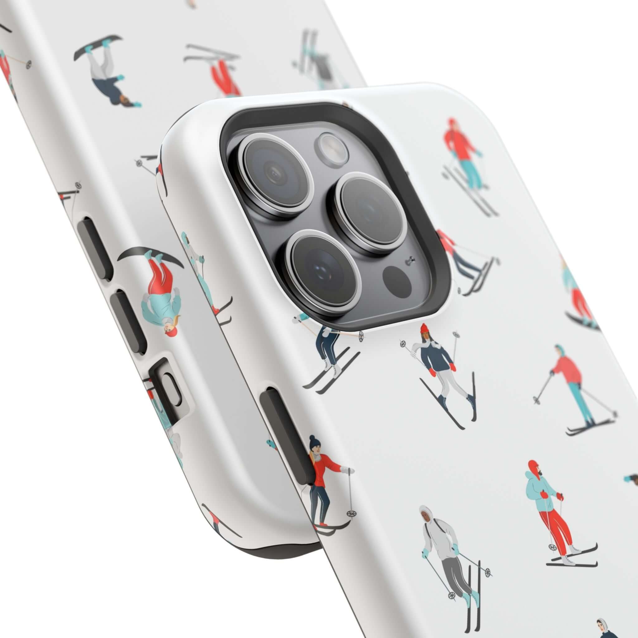 Cute skiing design phone case for iPhone, perfect for winter sports lovers and MagSafe compatible.