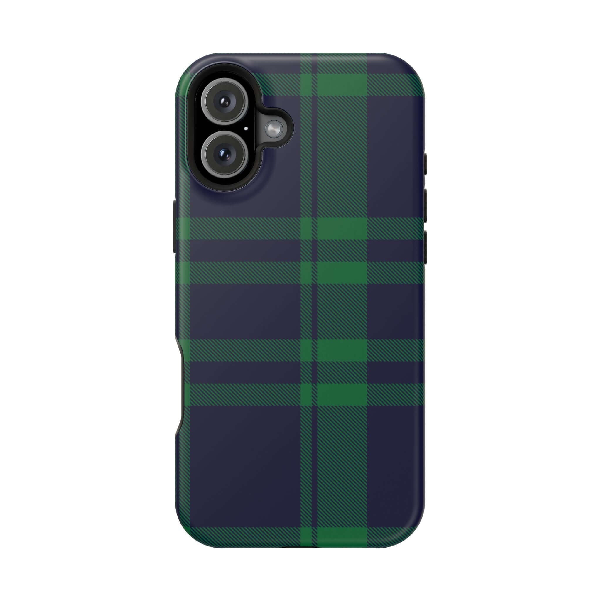 Cute Mistletoe Plaid MagSafe case for iPhone, featuring a festive green and navy plaid pattern, perfect for holiday cheer!