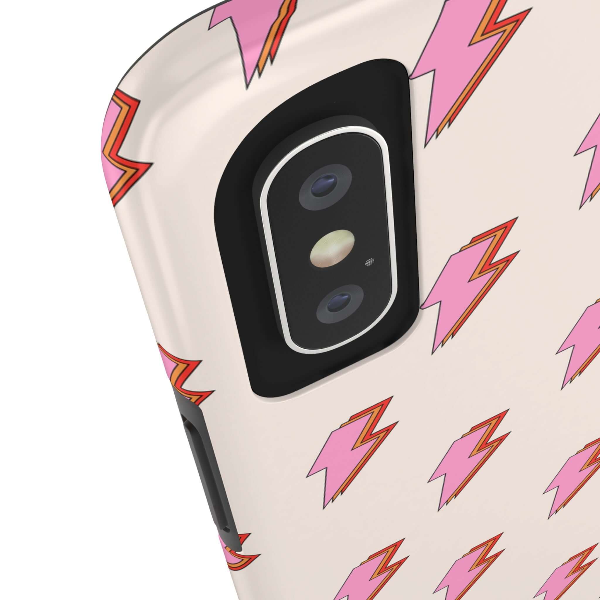 Cute iPhone case for iPhone 14 with pink lightning bolt design, retro style - Electric Vibes Lighting Bolt Case front view