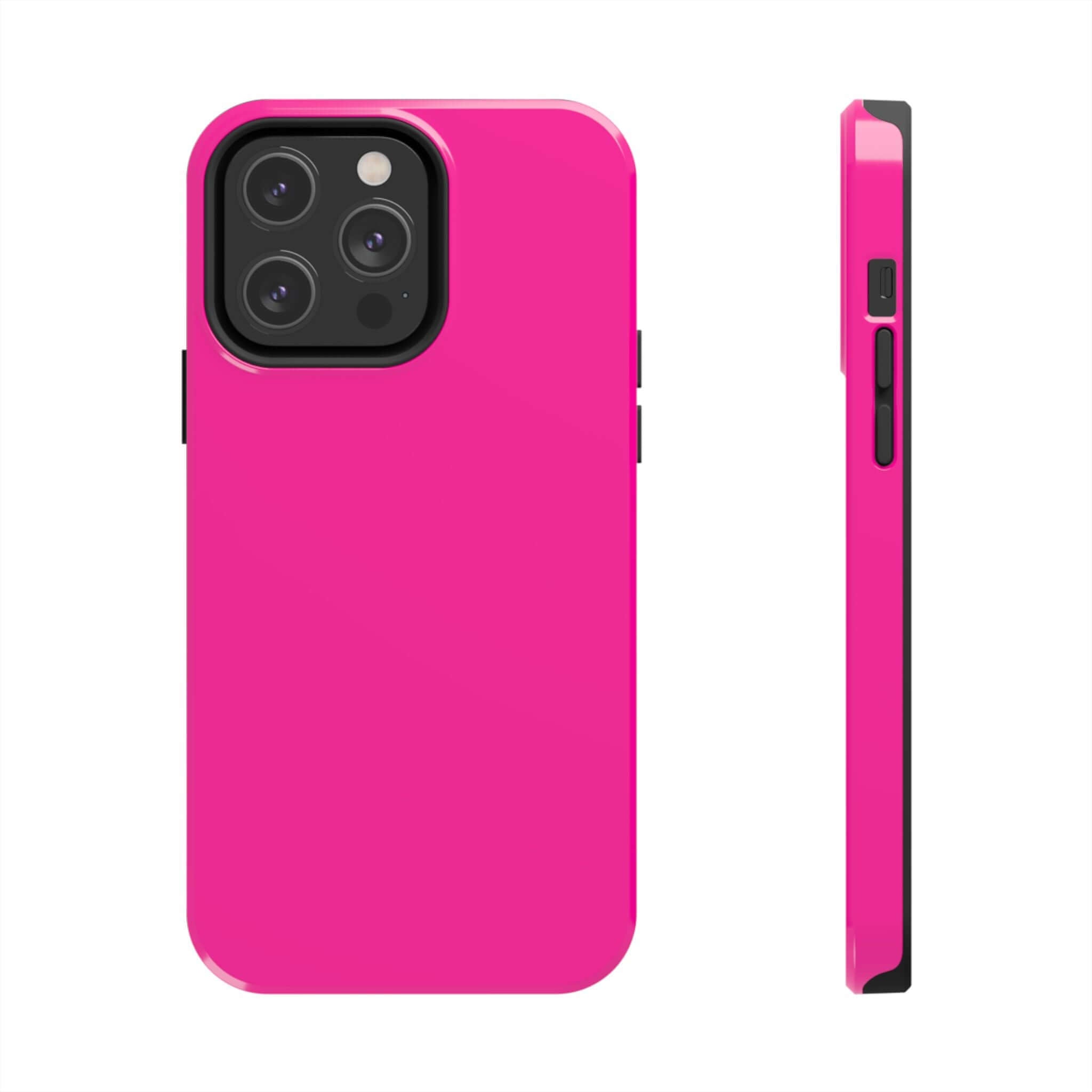 Neon pink iPhone case showcasing the back and side view, perfect for standing out. Cute case from the cutest phone cases website with free shipping.