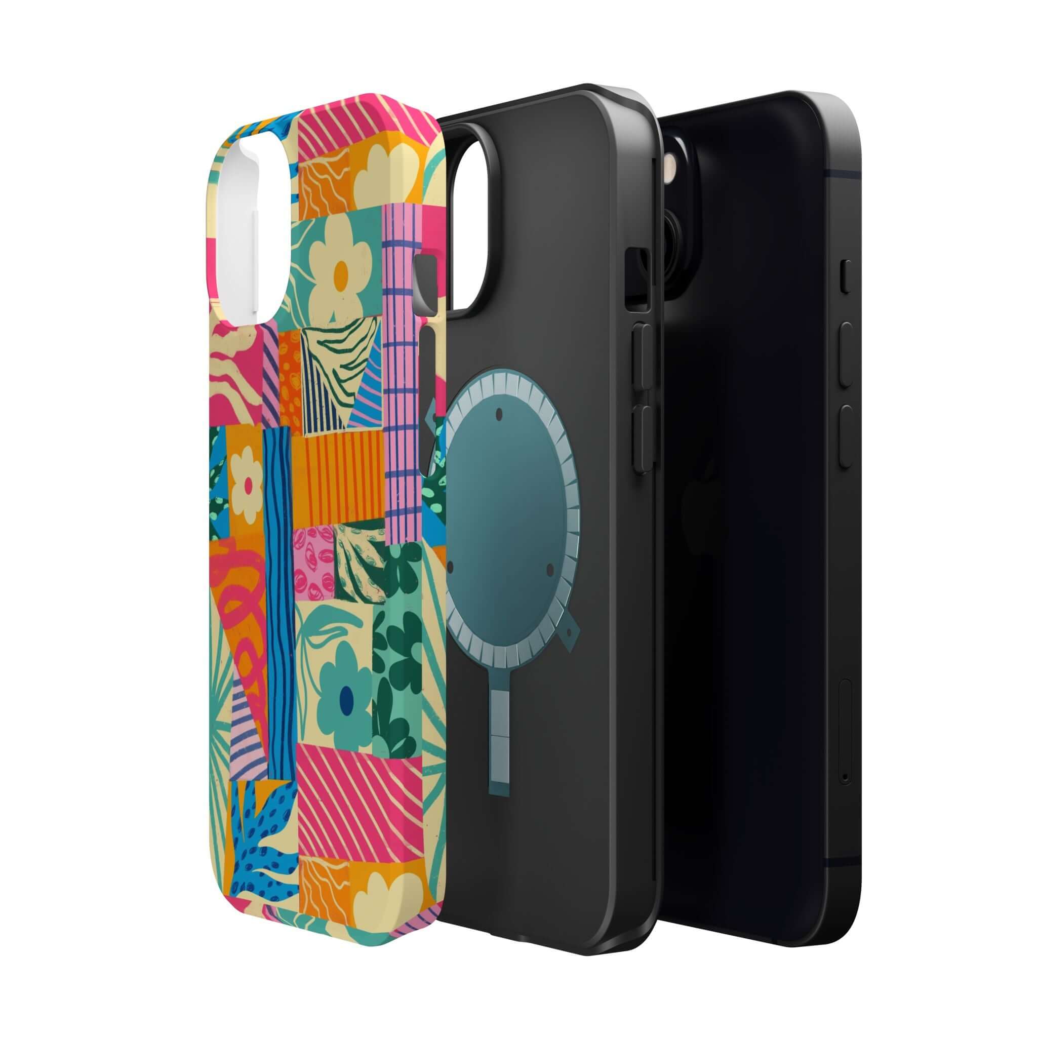 Cute colorful patchwork phone case compatible with iPhone 16, perfect for beach lovers seeking a playful and protective accessory.