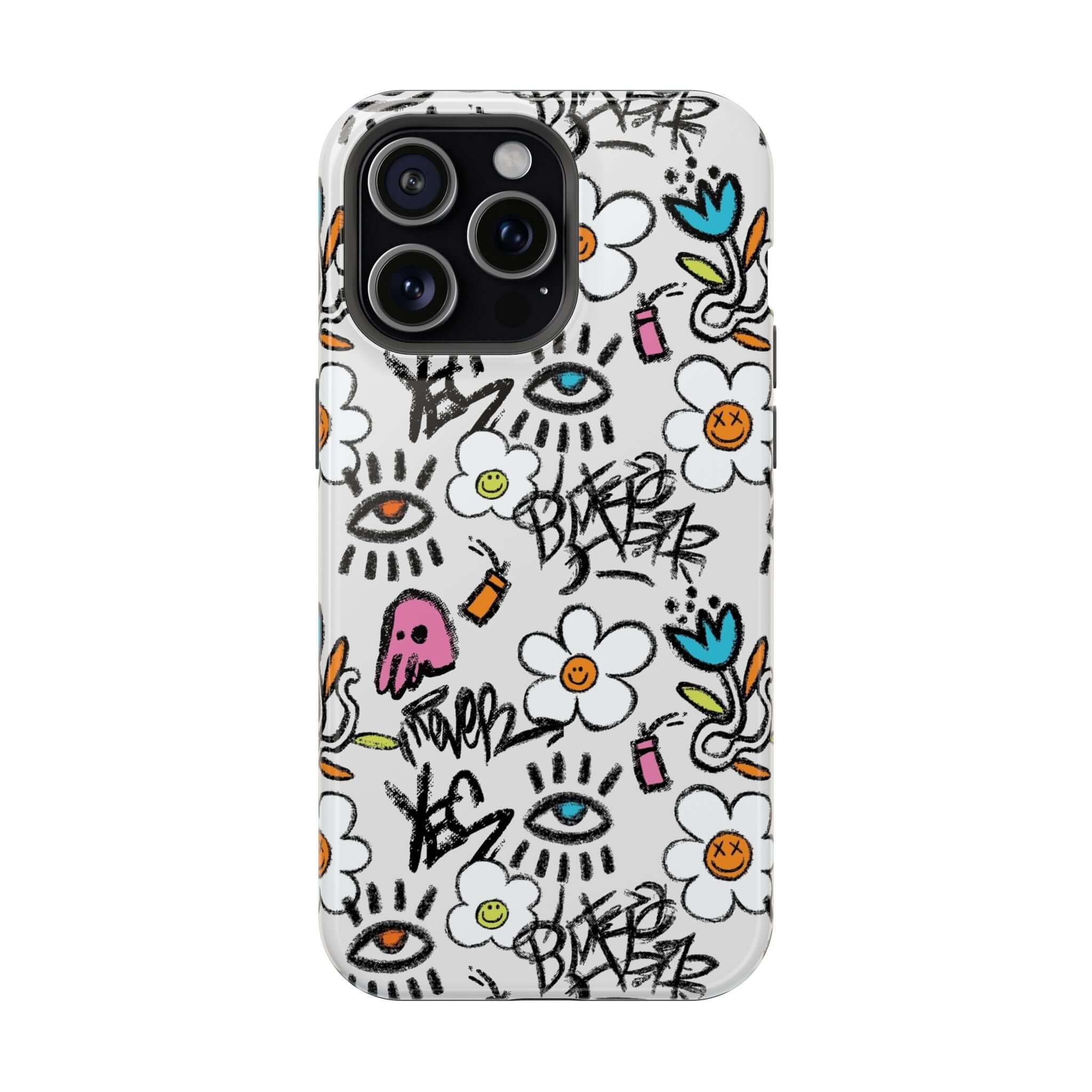 Cute phone cover with vibrant floral graffiti and playful designs for iPhone, featuring MagSafe technology.