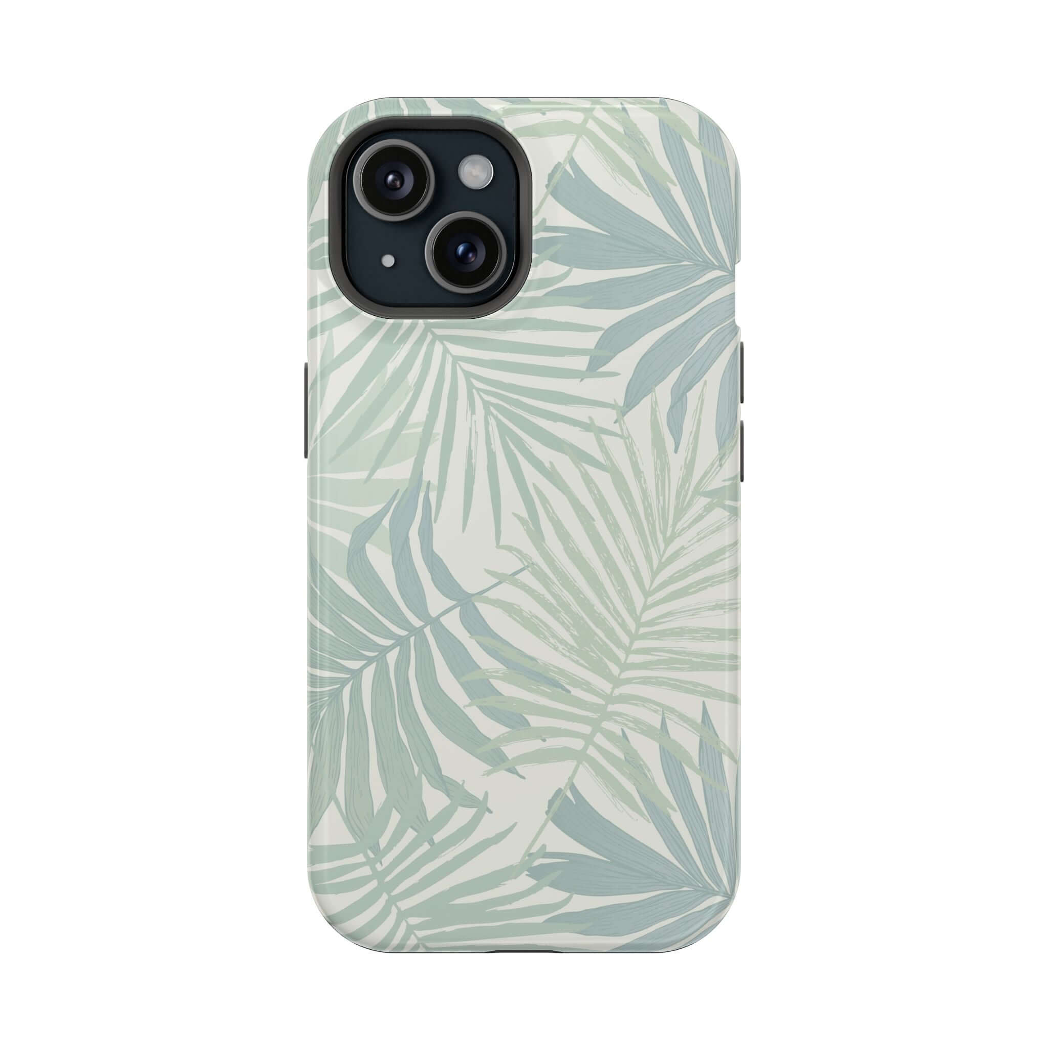 Cute teal tropical phone case with palm tree design for iPhone, featuring MagSafe technology and free shipping.