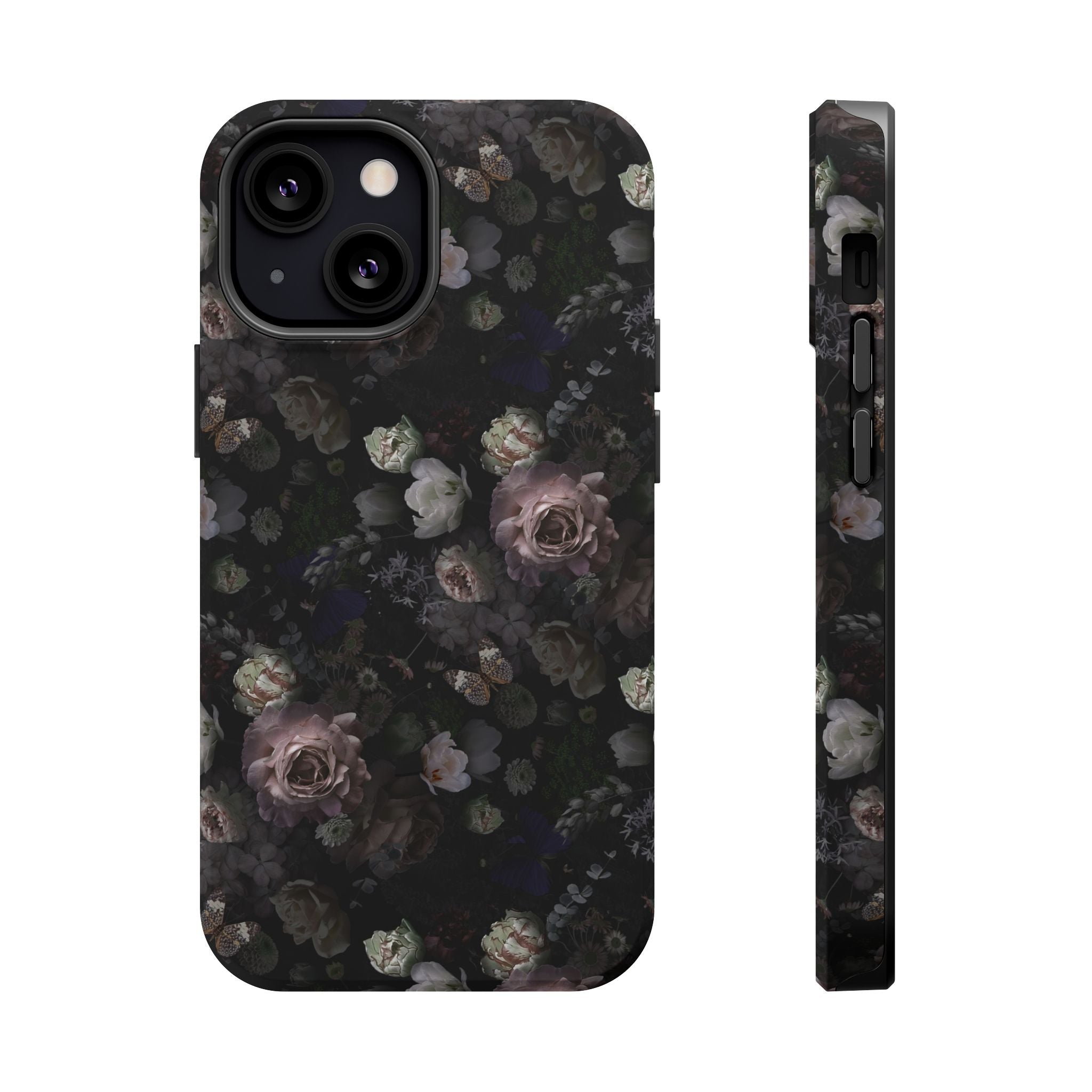 MagSafe iPhone case with black floral design, featuring roses for a cute and stylish phone cover. Perfect floral iPhone case accessory.