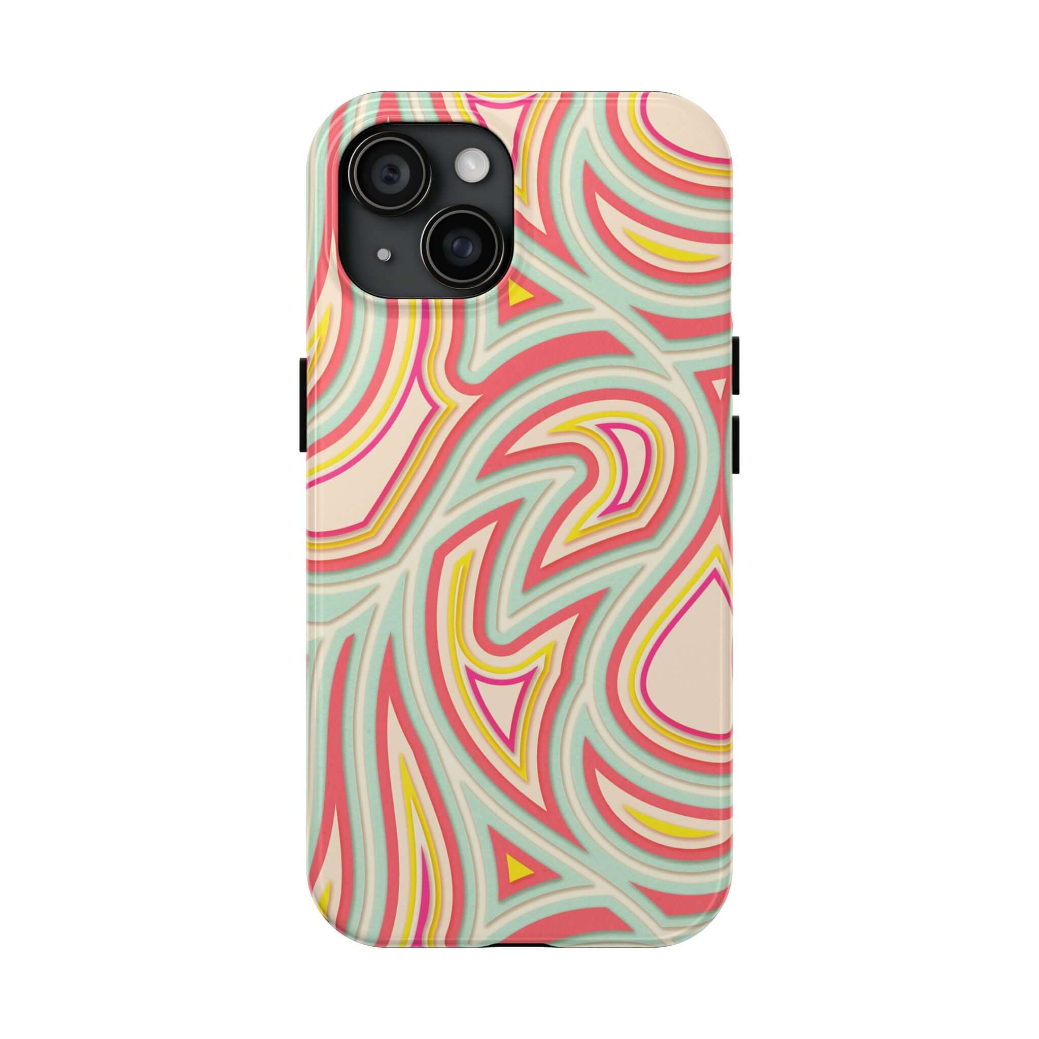 Retro abstract phone case with groovy waves design, vibrant colors, perfect cute iPhone case or Samsung phone cover with flowers.