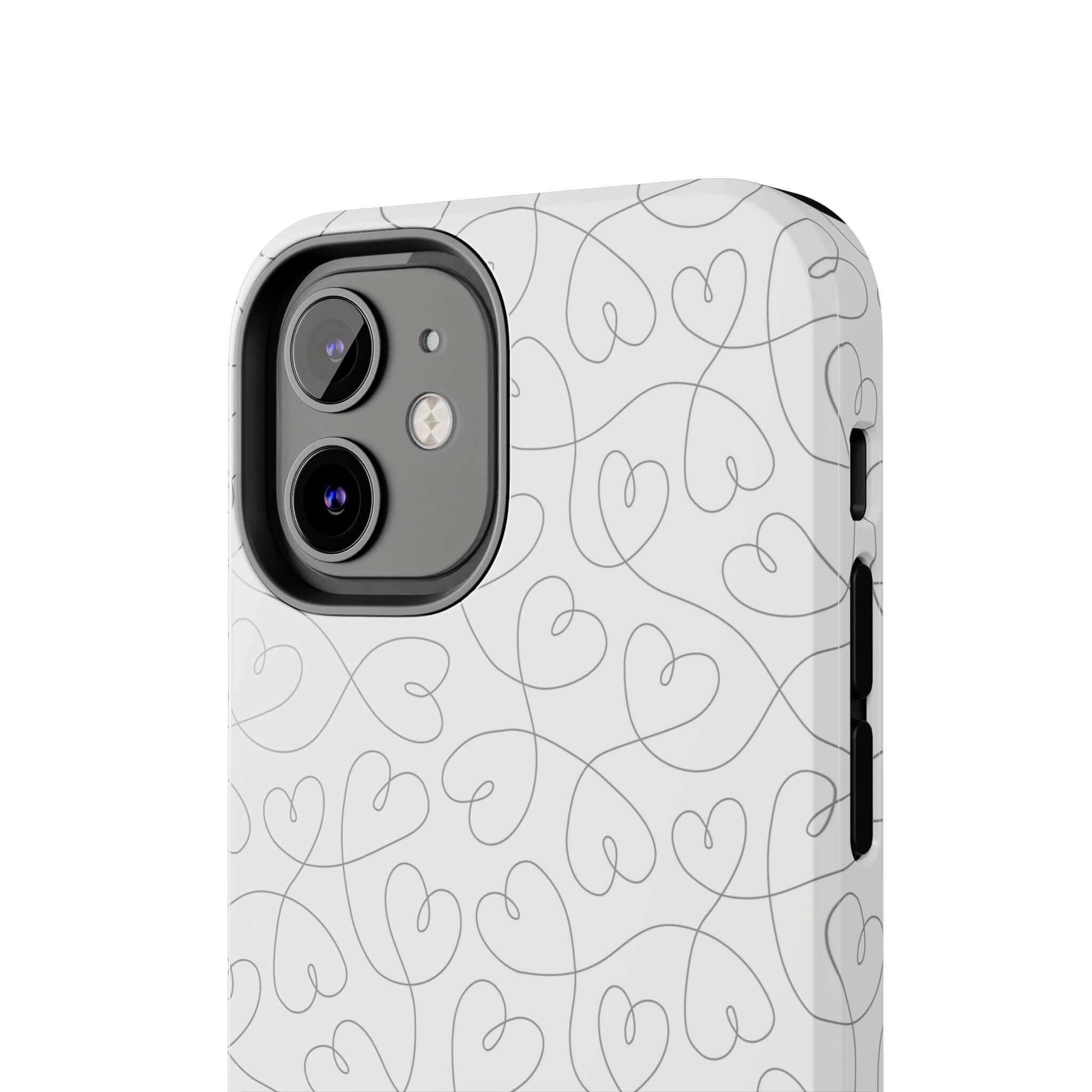 Abstract hearts phone case on silver background for iPhone 14 Pro Max, designed for weddings and brides, providing a cute and romantic look.