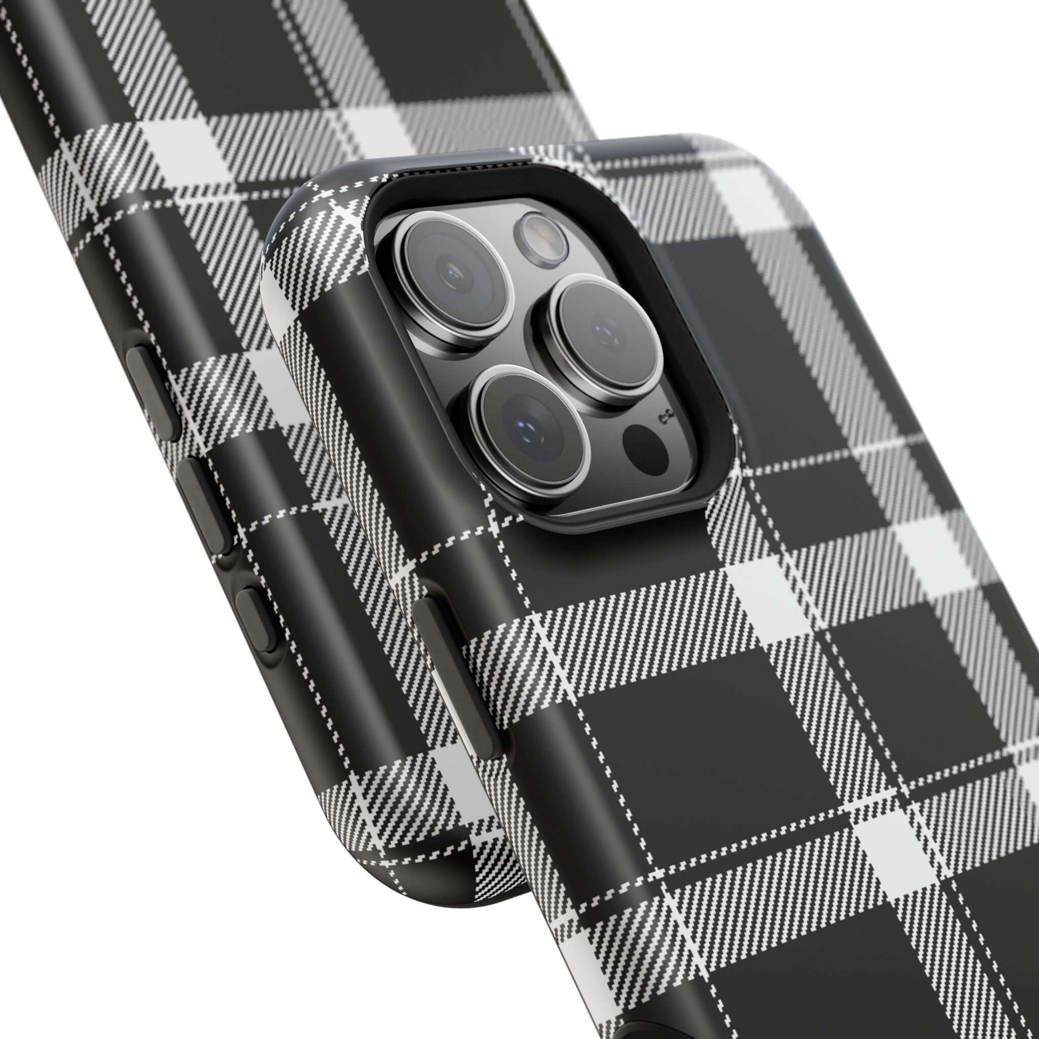 Close-up of a stylish black plaid phone case designed for Apple iPhone, perfect cute phone cover for fashion lovers.