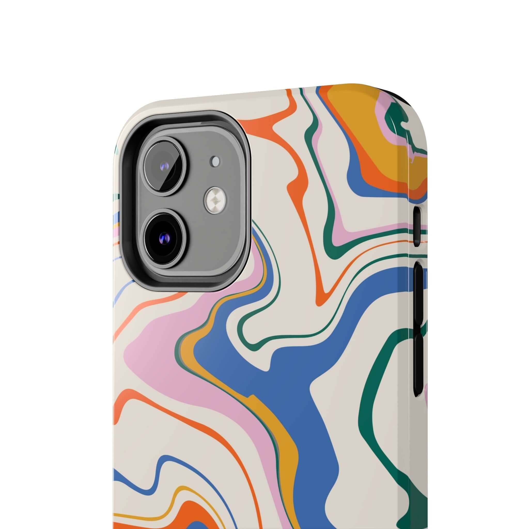 Colorful abstract phone case for iPhone 14 Pro Max with vibrant swirl design, perfect blend of colorful and cute.