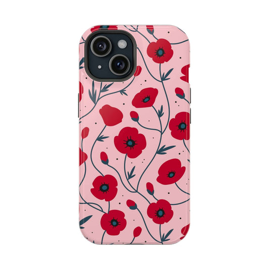 Pink n Poppy pink floral iPhone case with red poppy flowers, cute phone case brand offering free shipping.