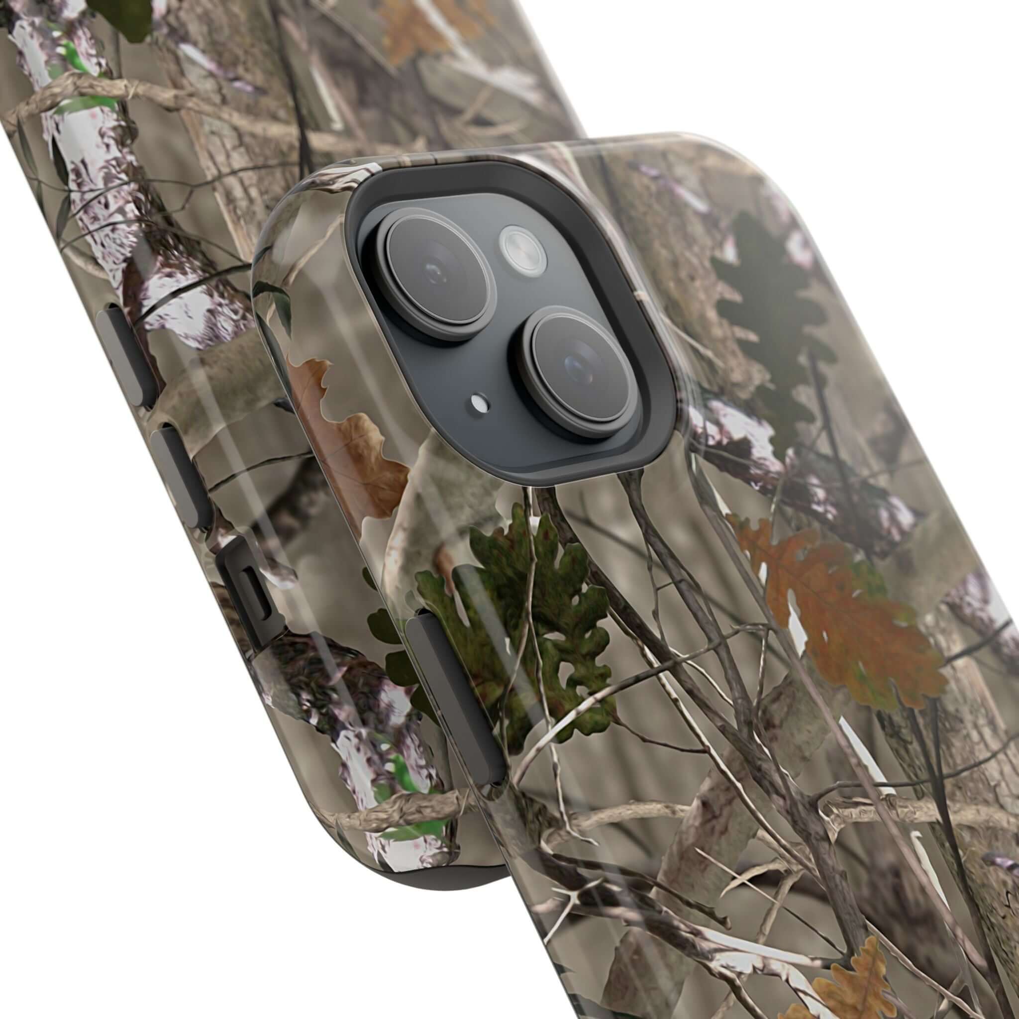 Stylish forest camo phone case with MagSafe, featuring a modern animal print design, perfect for cute and quirky style lovers.