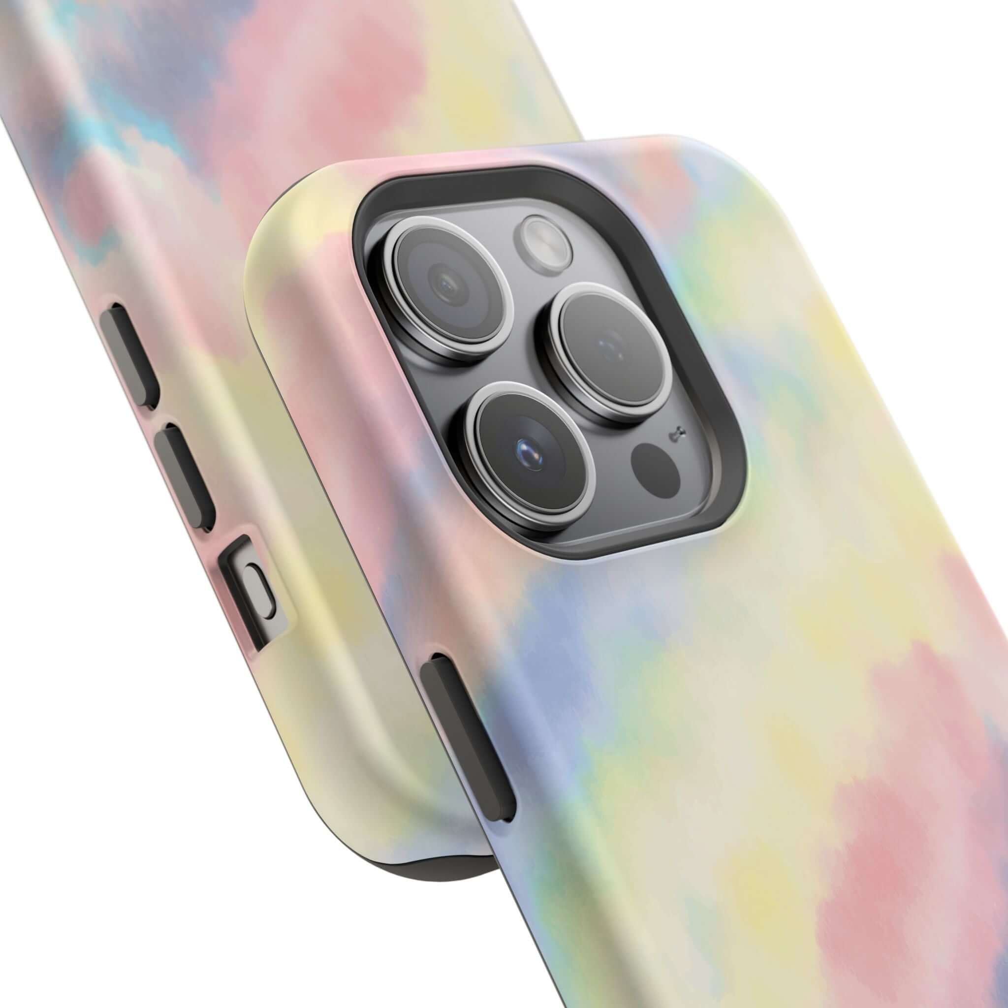 Pastel tie dye iPhone case with MagSafe compatibility, featuring a cute and colorful design. Perfect custom phone case upgrade.