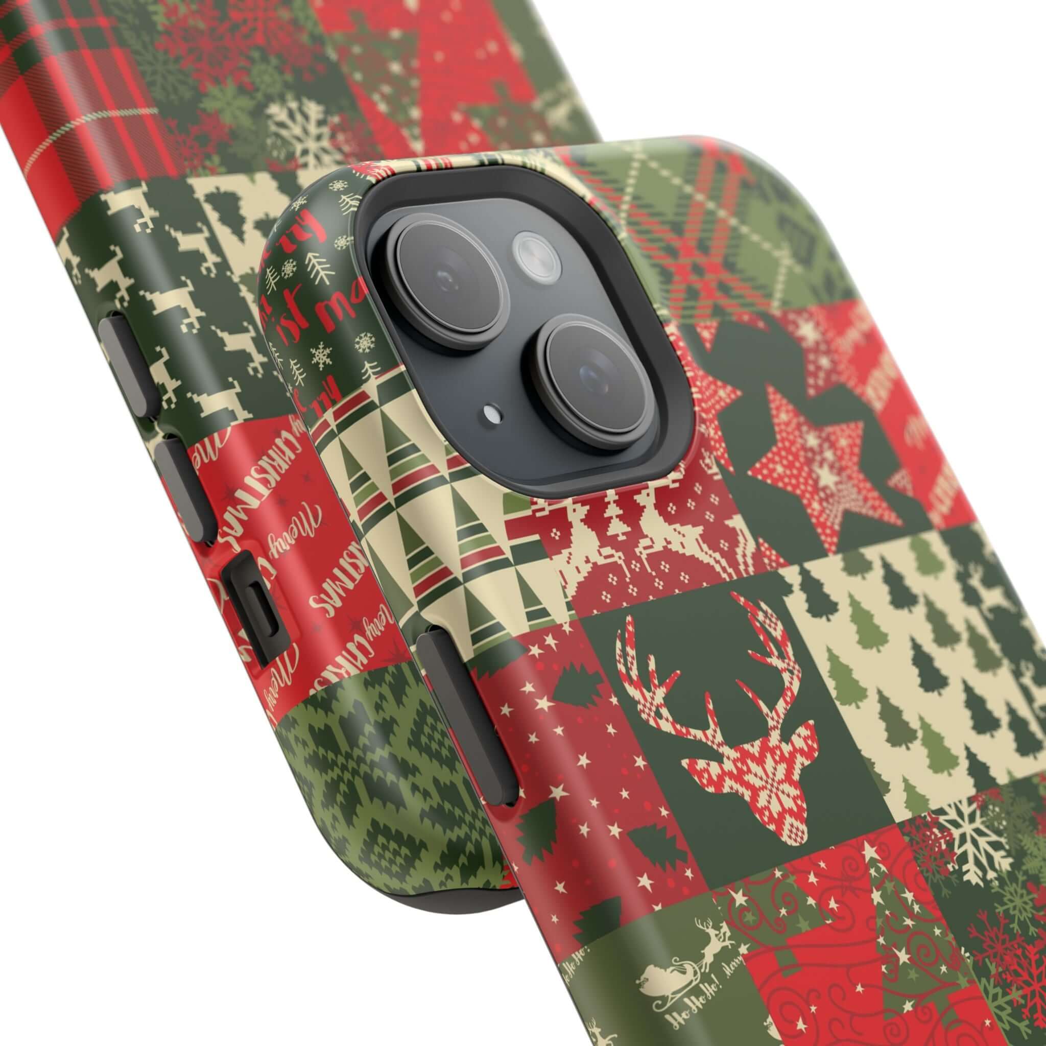 Cozy Quiltmas MagSafe case with festive holiday design, featuring red and green Christmas patterns, perfect xmas phone cover.