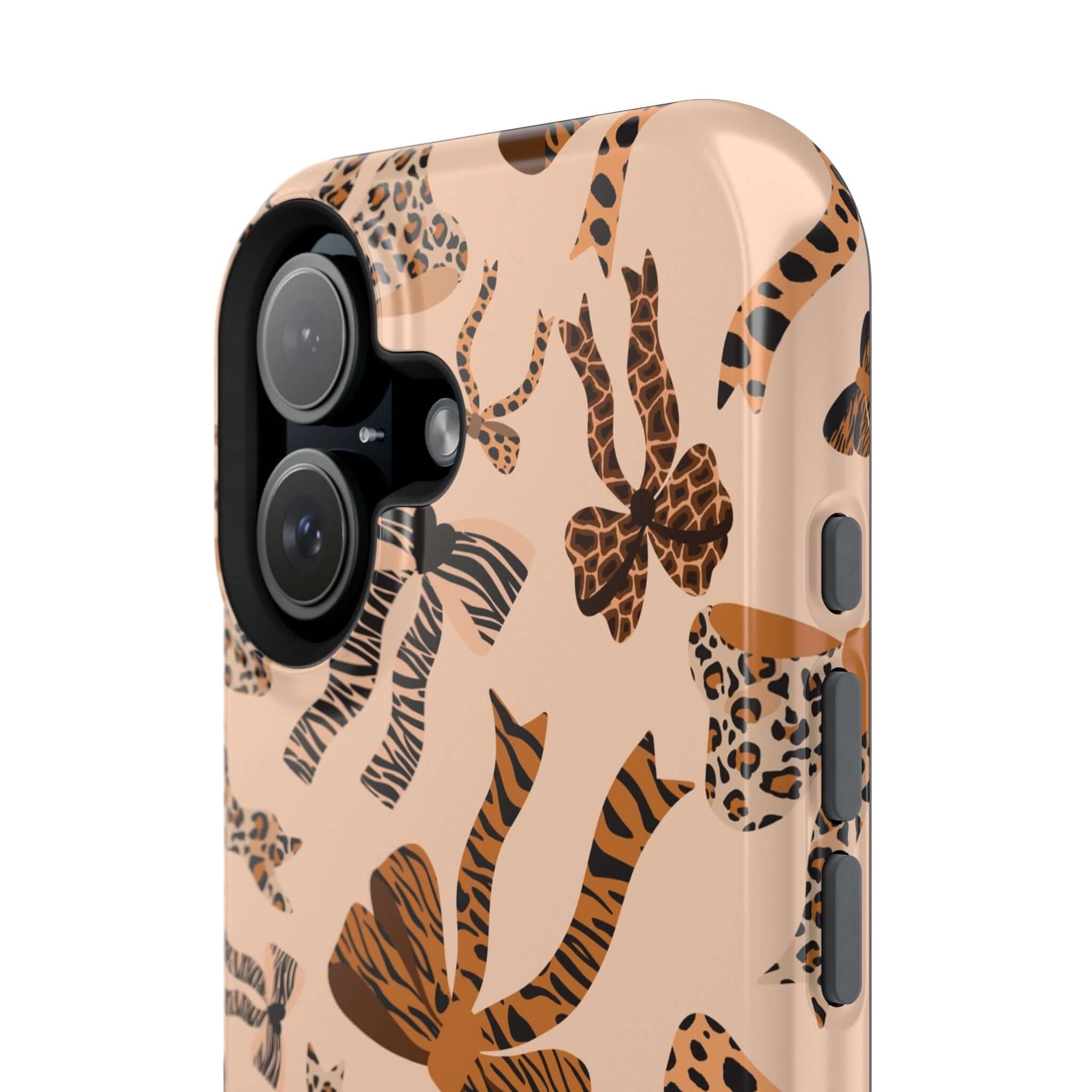 Colorful iPhone case with leopard bows pattern, Safari Coquette design, cute phone case with MagSafe compatibility.