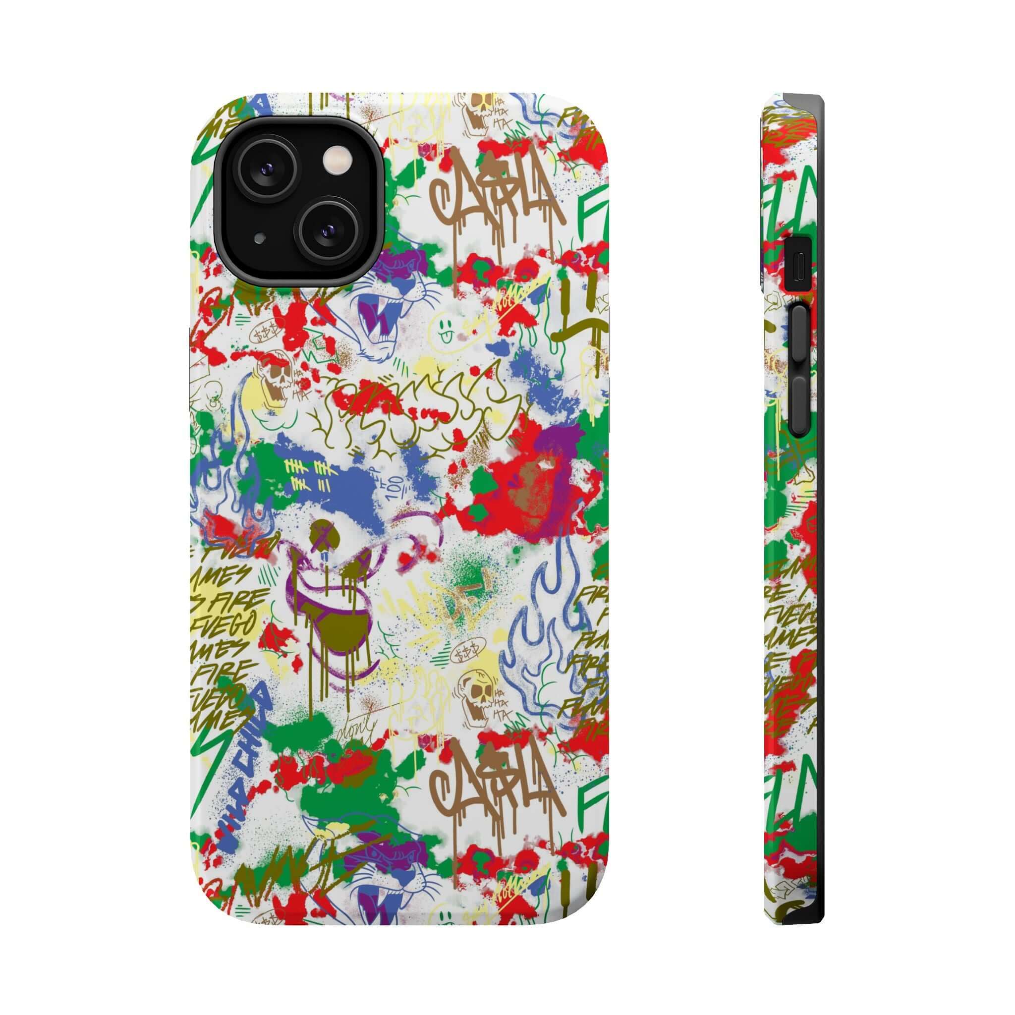 Colorful graffiti phone case featuring vibrant street art design, perfect cute phone cover for iPhone lovers.