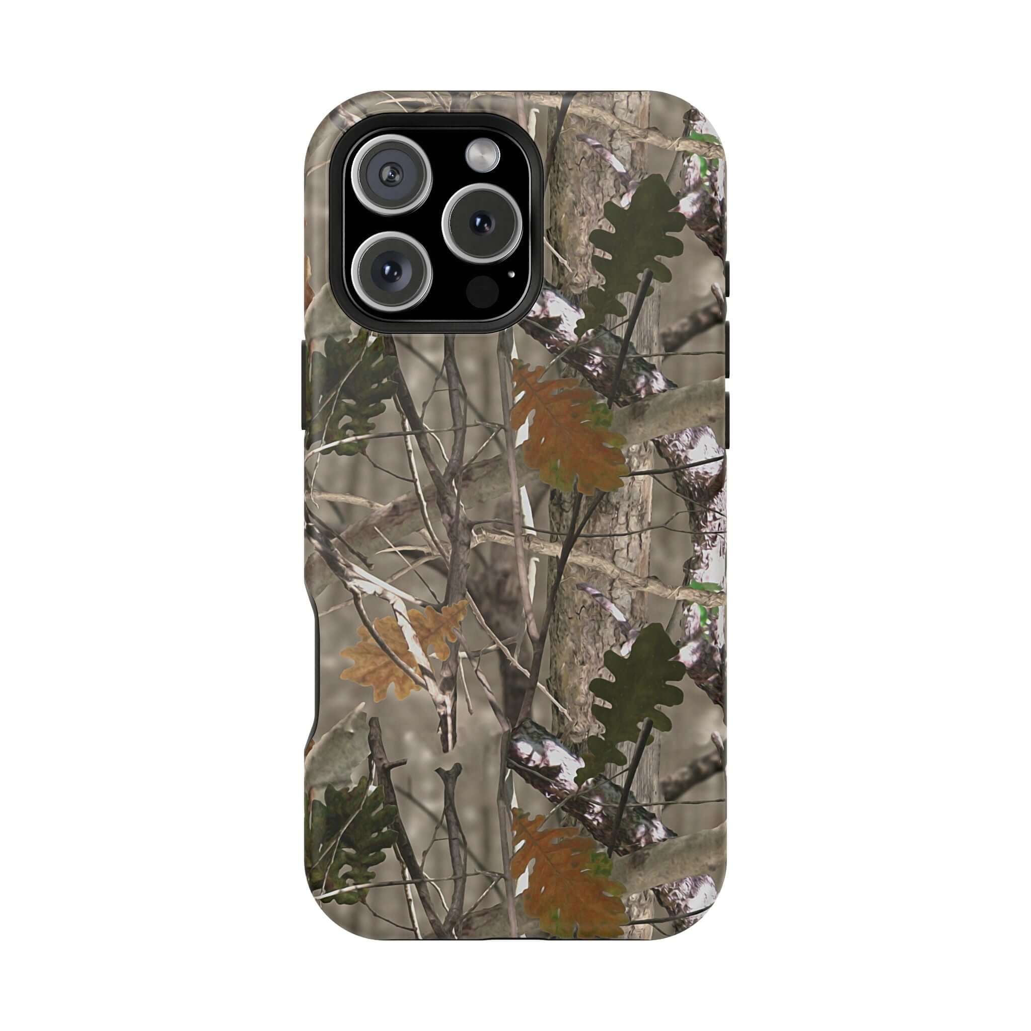 Forest camo phone case with cute animal print design, compatible with MagSafe technology.