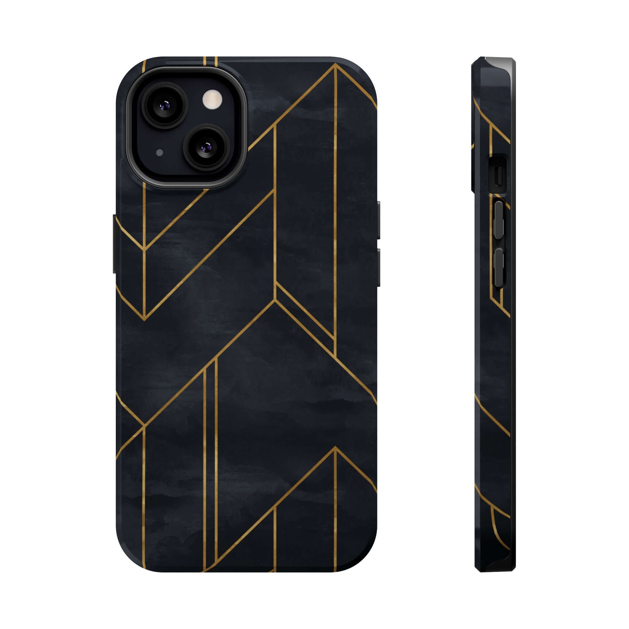 Urban Vibe modern geometric black iPhone case with abstract gold pattern, stylish and protective cute phone accessory.