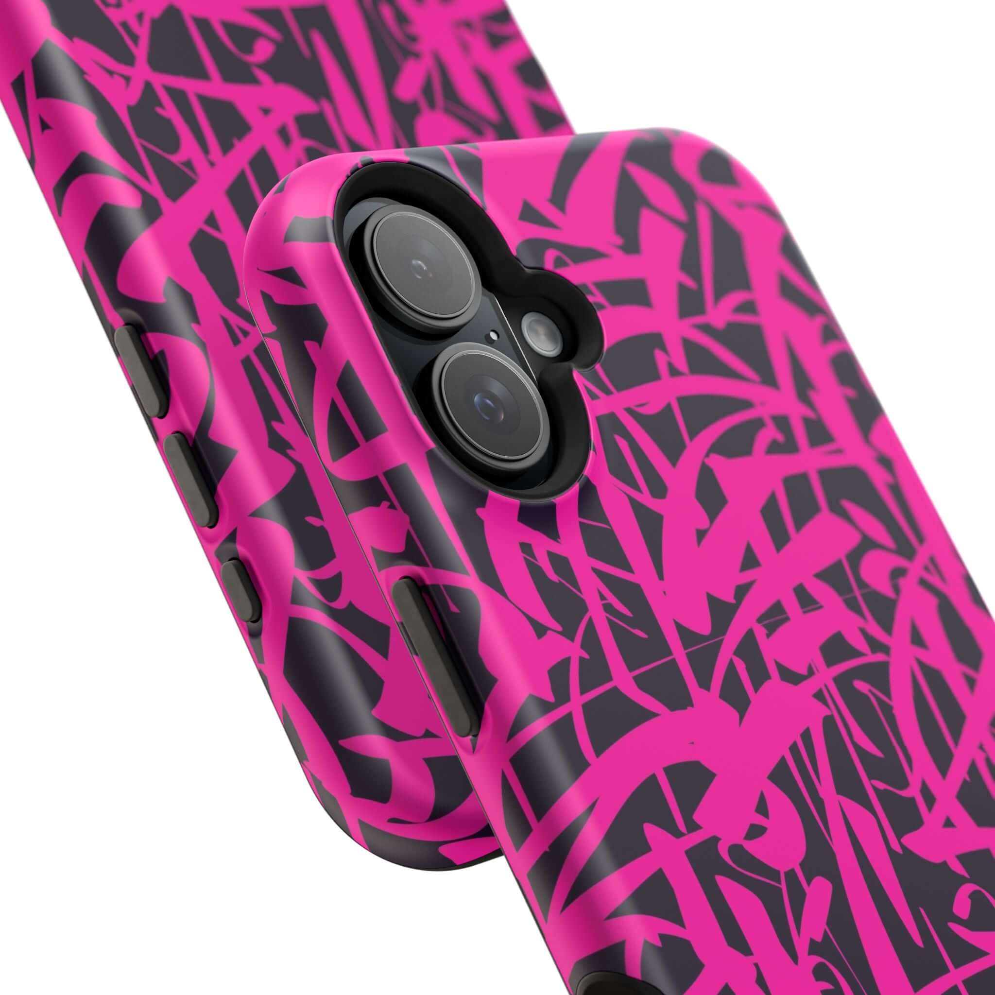 Cute phone cover featuring vibrant pink and black abstract art for iPhone protection and style.