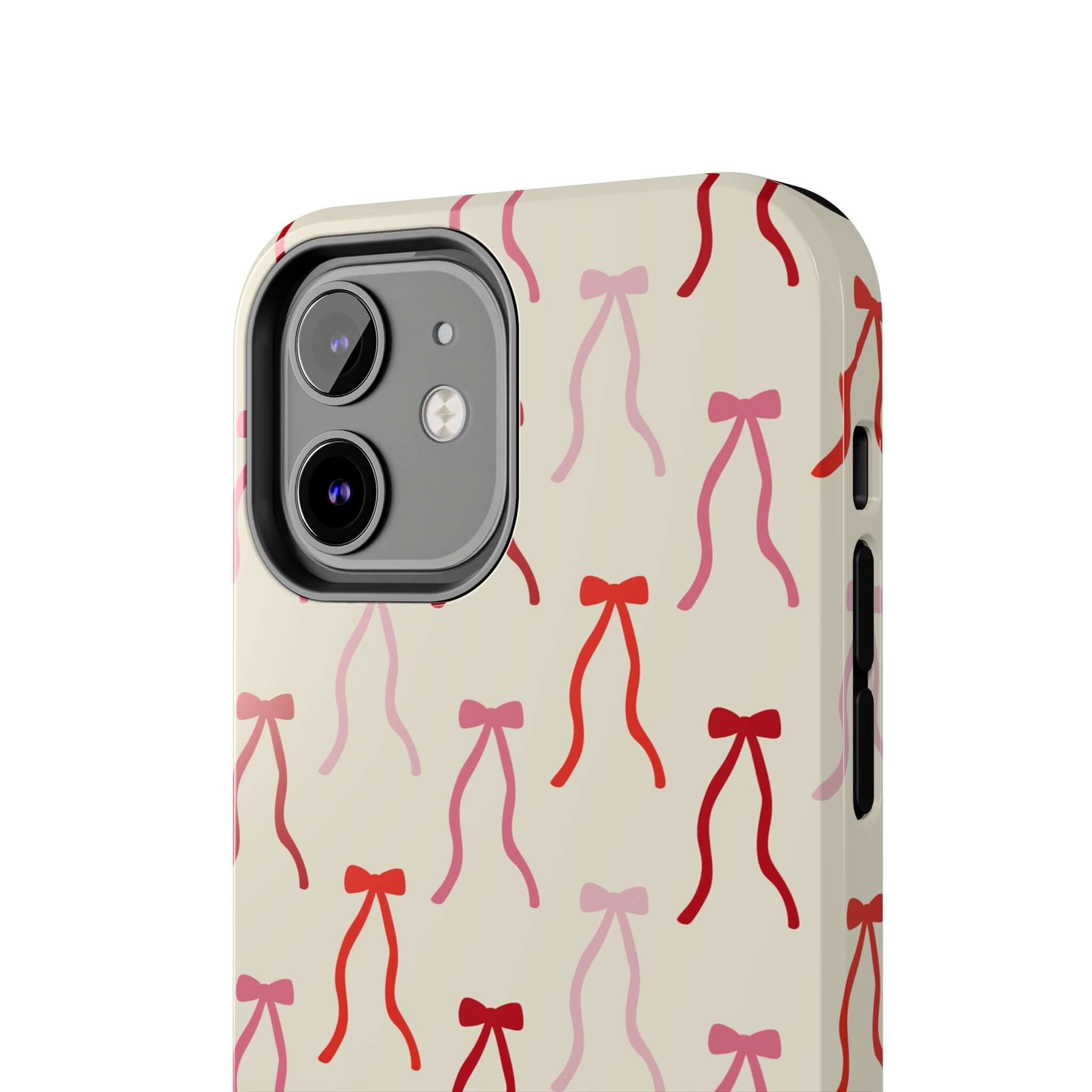 Cute Beige Coquette Phone Case for iPhone 16 with Red Bow Design