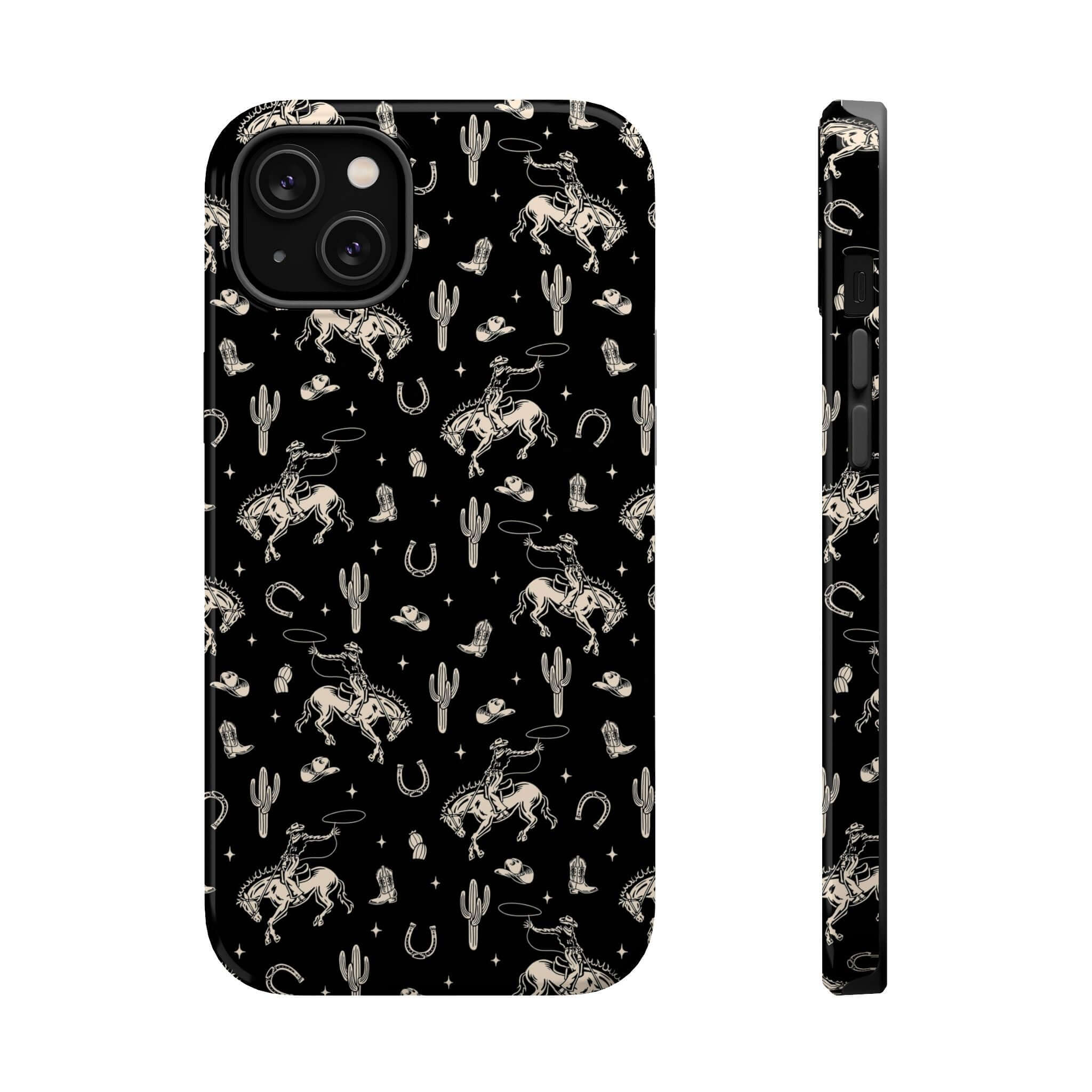 Black western iPhone case with cowgirl and floral design, cute phone case brands, Twilight Cowgirl with free shipping