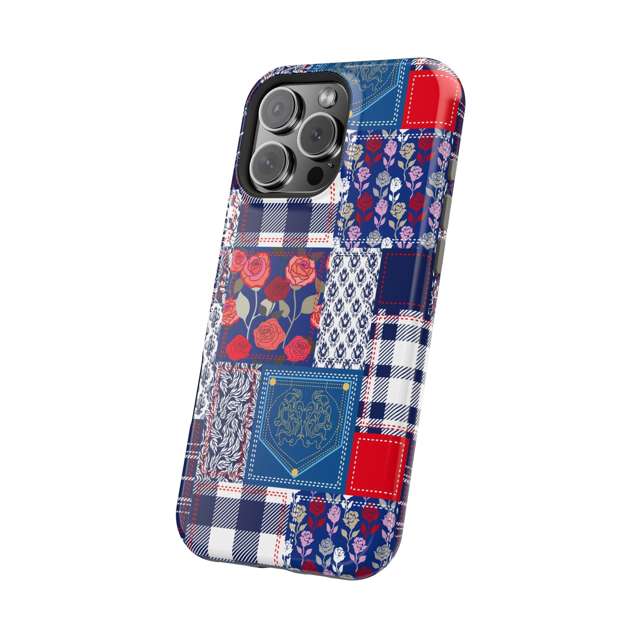 Crimson Bloom | Blue Patchwork Case