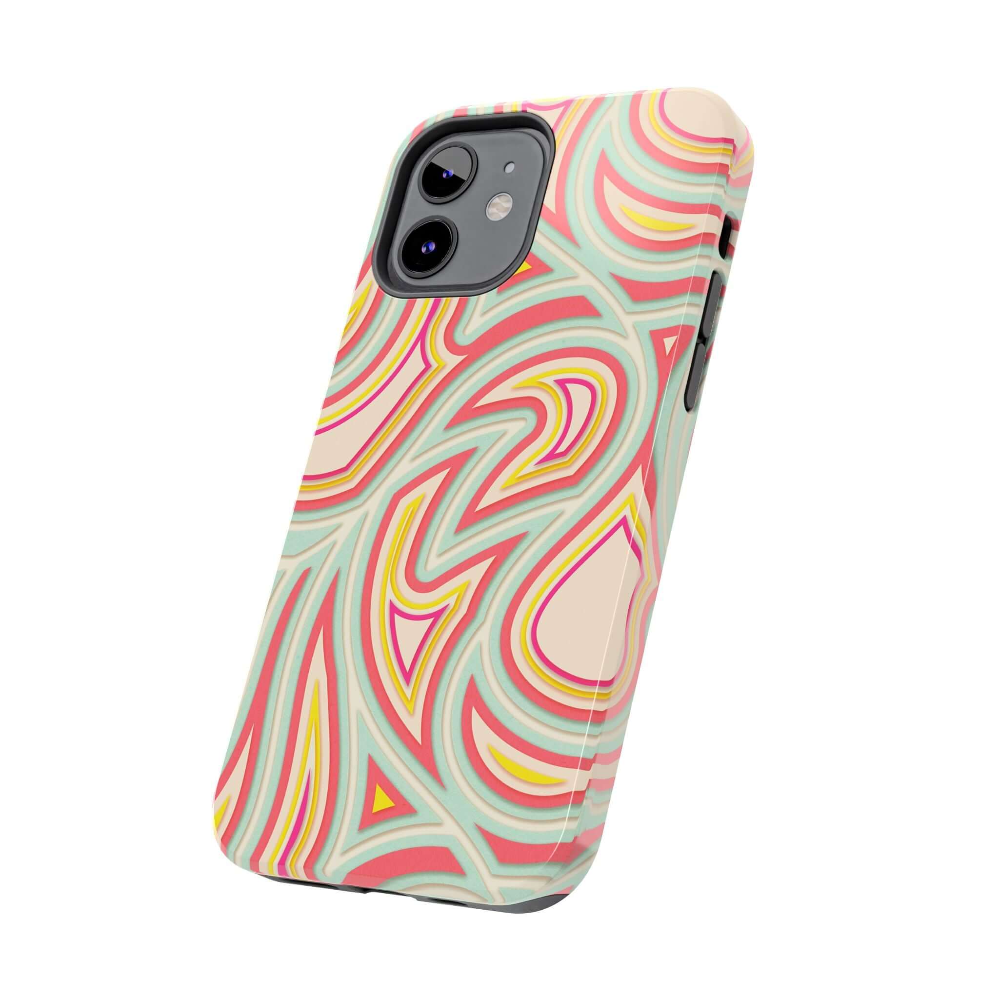 Groovy Waves Retro Abstract Phone Case for iPhone with colorful swirling patterns and flower designs