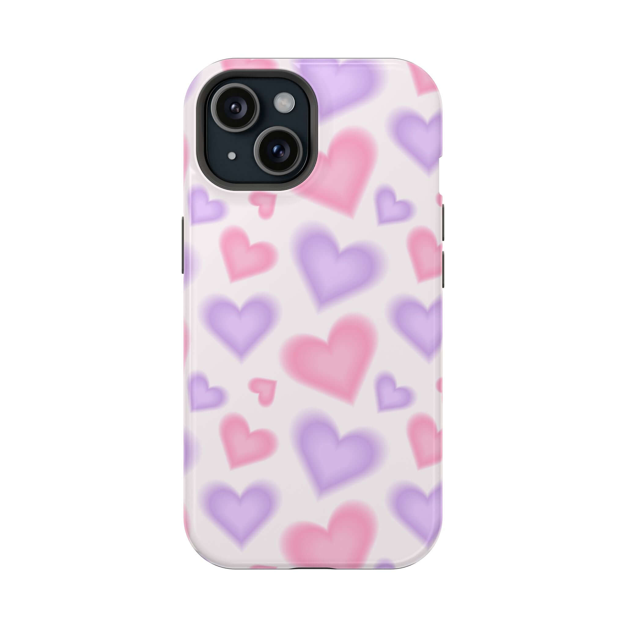 Cute phone cover featuring pink and purple hearts on a playful background, perfect for Apple iPhone cases.