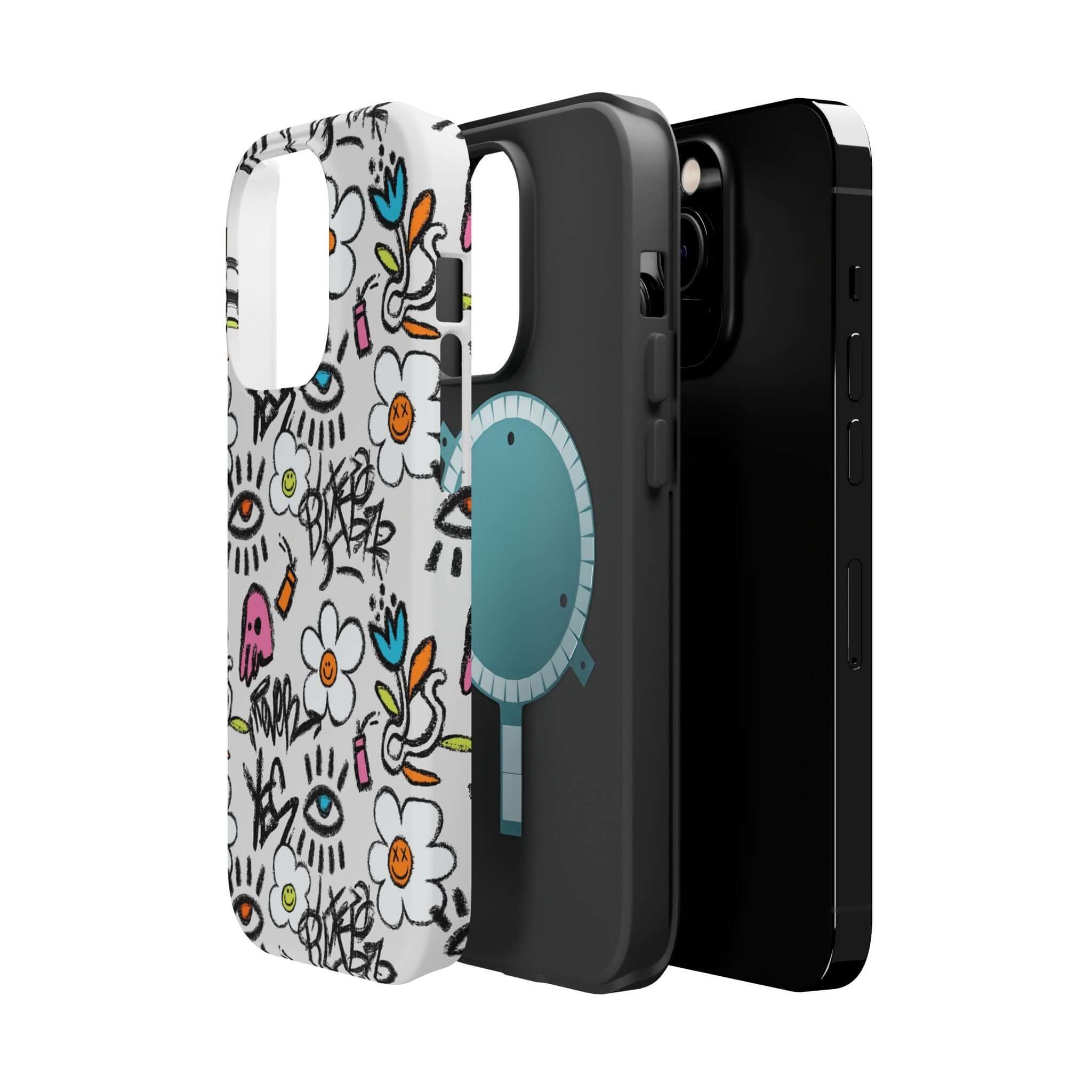 Three vibrant phone cases, including the Happy Chaos Floral Graffiti design, showcasing cute patterns and modern style.