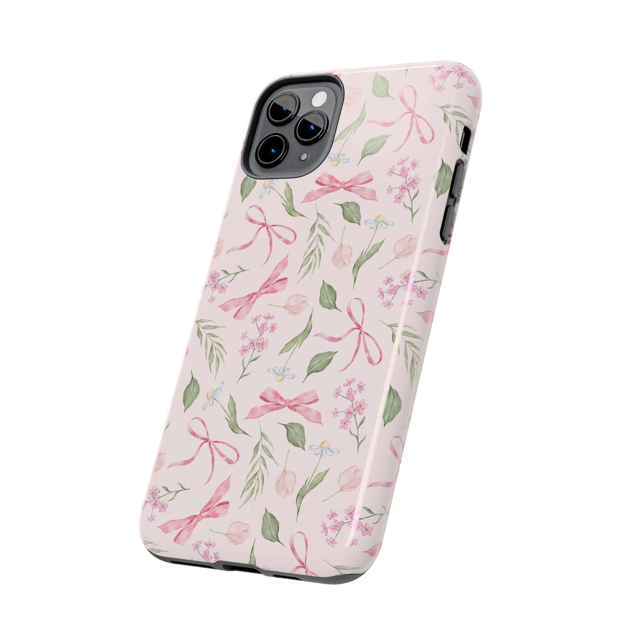 Cute pink iPhone case with bow design for iPhone 14 and iPhone 15, Girlie Twirls Coquette Bow Case